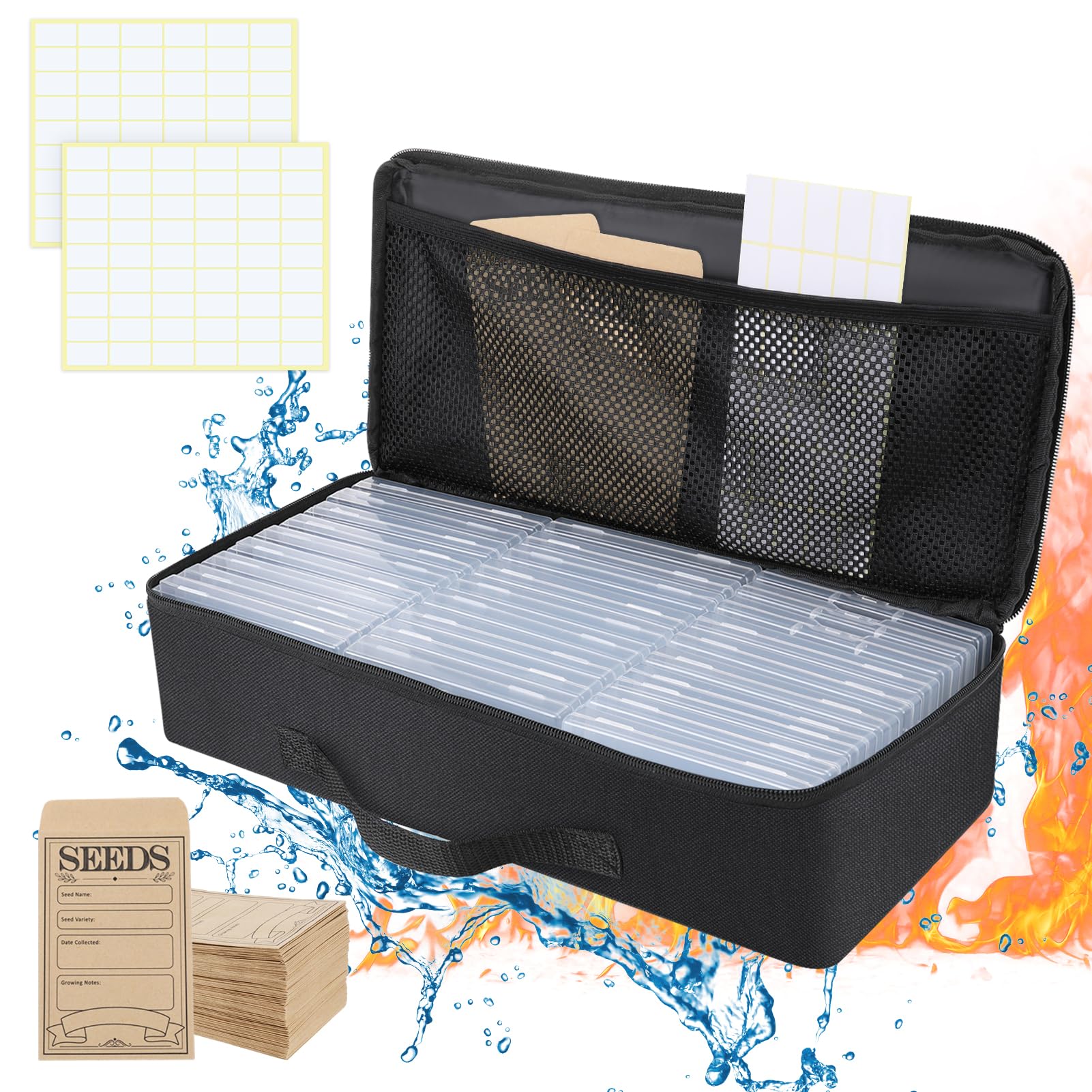Scatola organizer per semi da giardino, con 27 scomparti, con 90 buste per semi ed etichette adesive, set di contenitori per semi da giardinaggio per fiori, ortaggi, piante da giardino