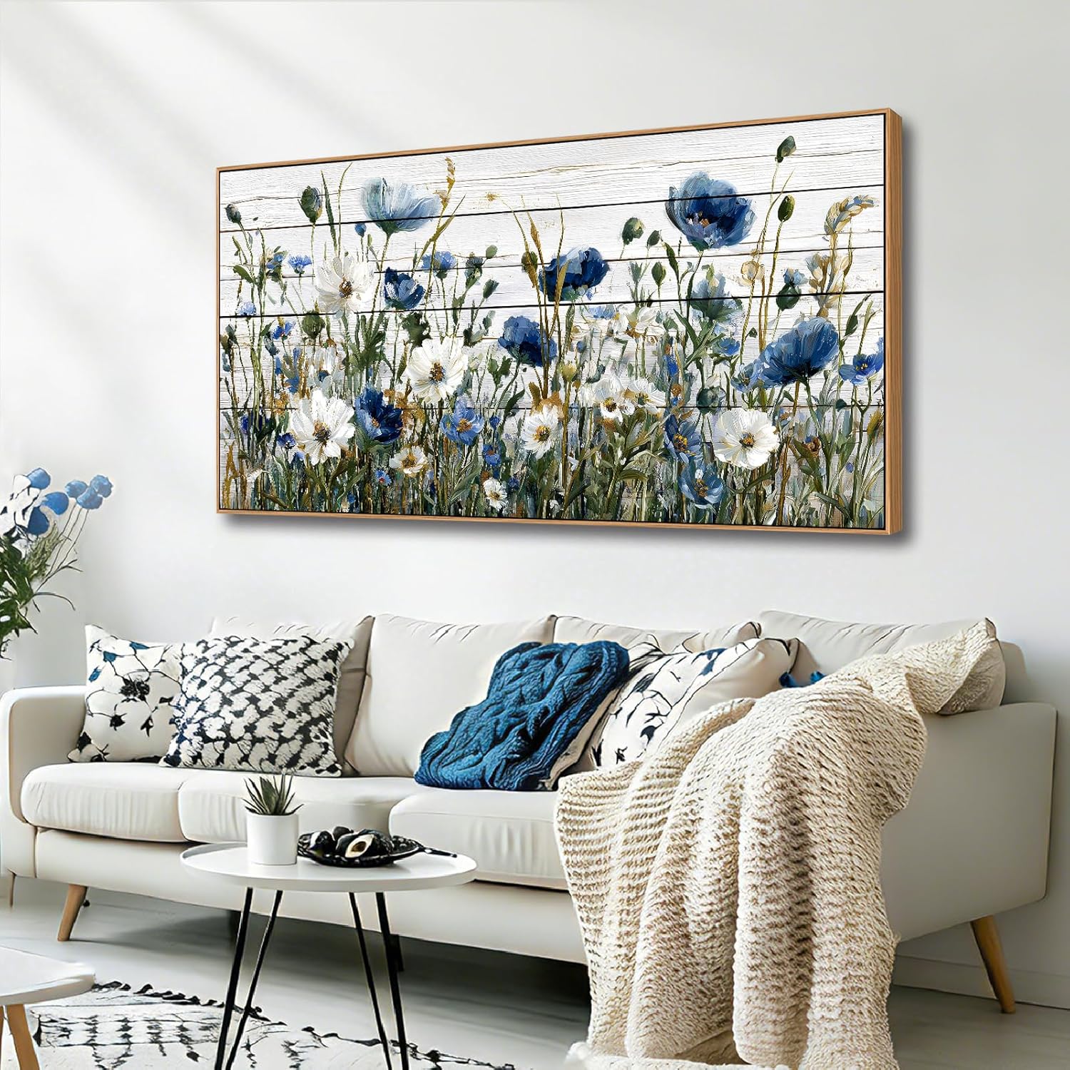 KZKU Floral Canvas Wall Art Blue and White Wildflowers Rustic Modern Farmhouse & Country Decor for Living Room Bedroom Kitchen 20x40inch