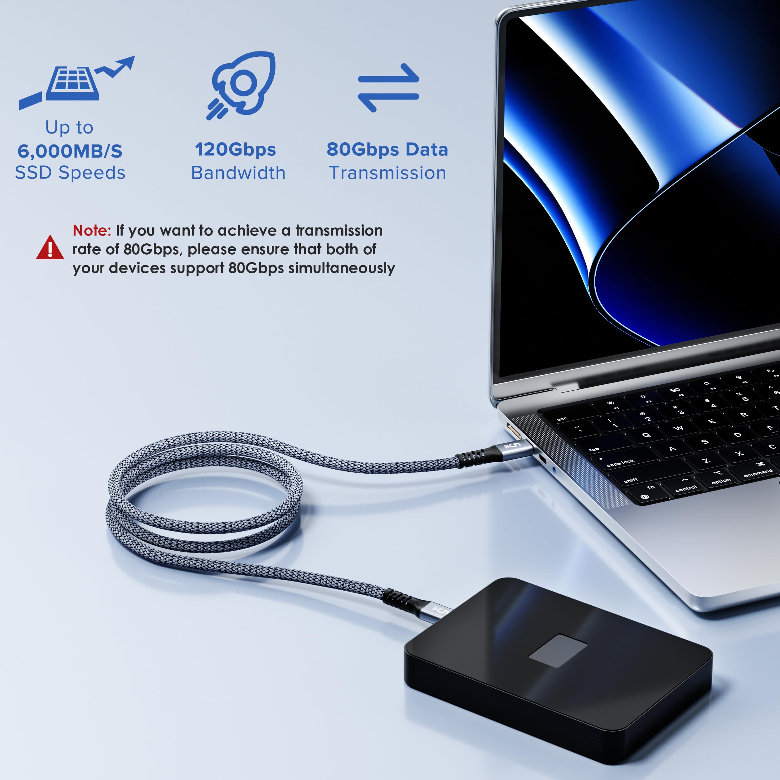 Câble Thunderbolt 5 de 240 W de 1,5 m, câble d'affichage vidéo USB C prenant en charge 80 Gbit/s, bande passante 120 Gbit/s, 16K @ 60 Hz, 8K @ 60 Hz, 4K @ 540 Hz pour Thunderbolt 4/3, iPhone