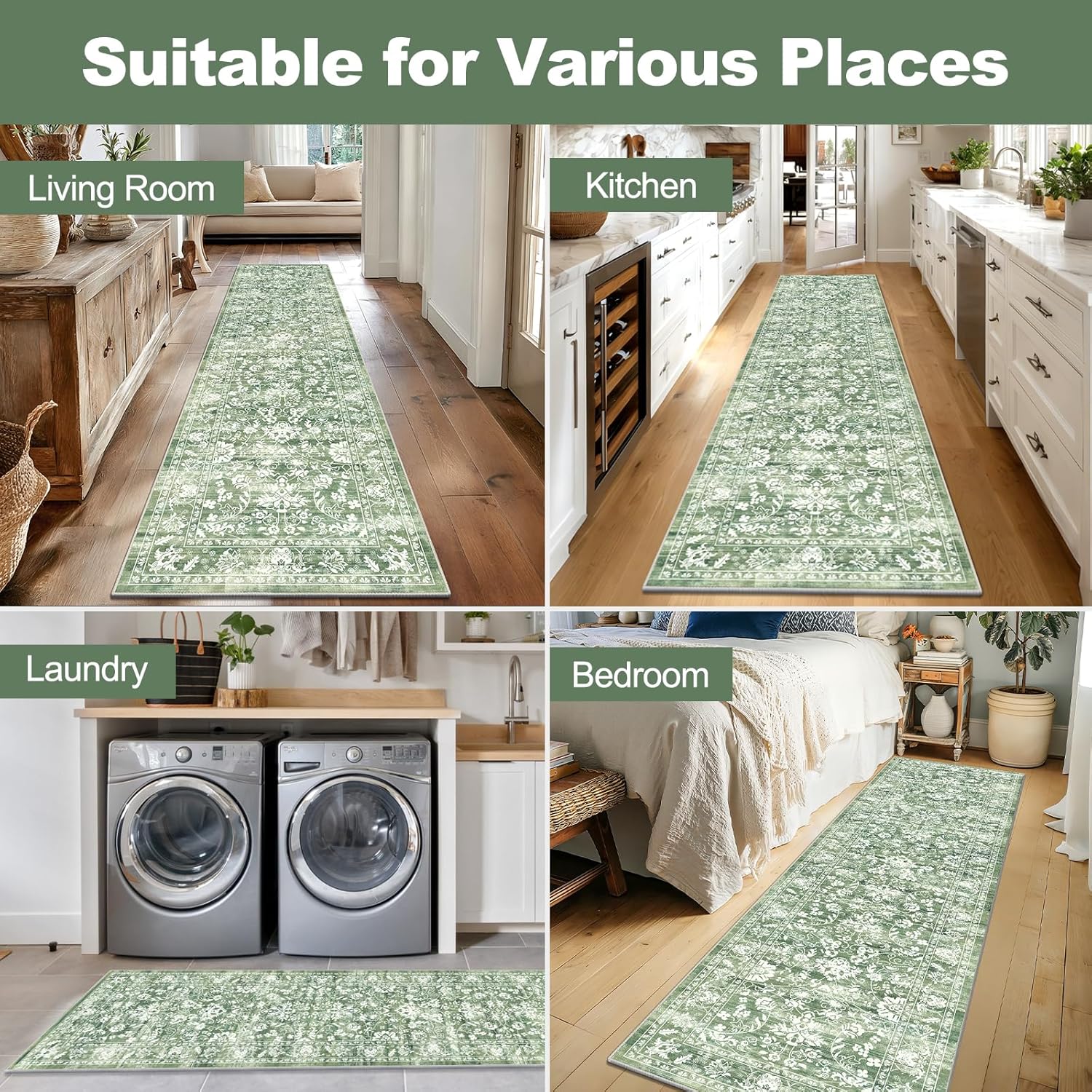 LOKHOM Washable Runner Rug, 2x8 Green Non-Slip Vintage Hallway Runner Rug with Rubber Backing, Boho Floral Soft Faux Wool Kitchen Rug Carpet Runner for Laundry Entryway Bedroom (Tender Green)