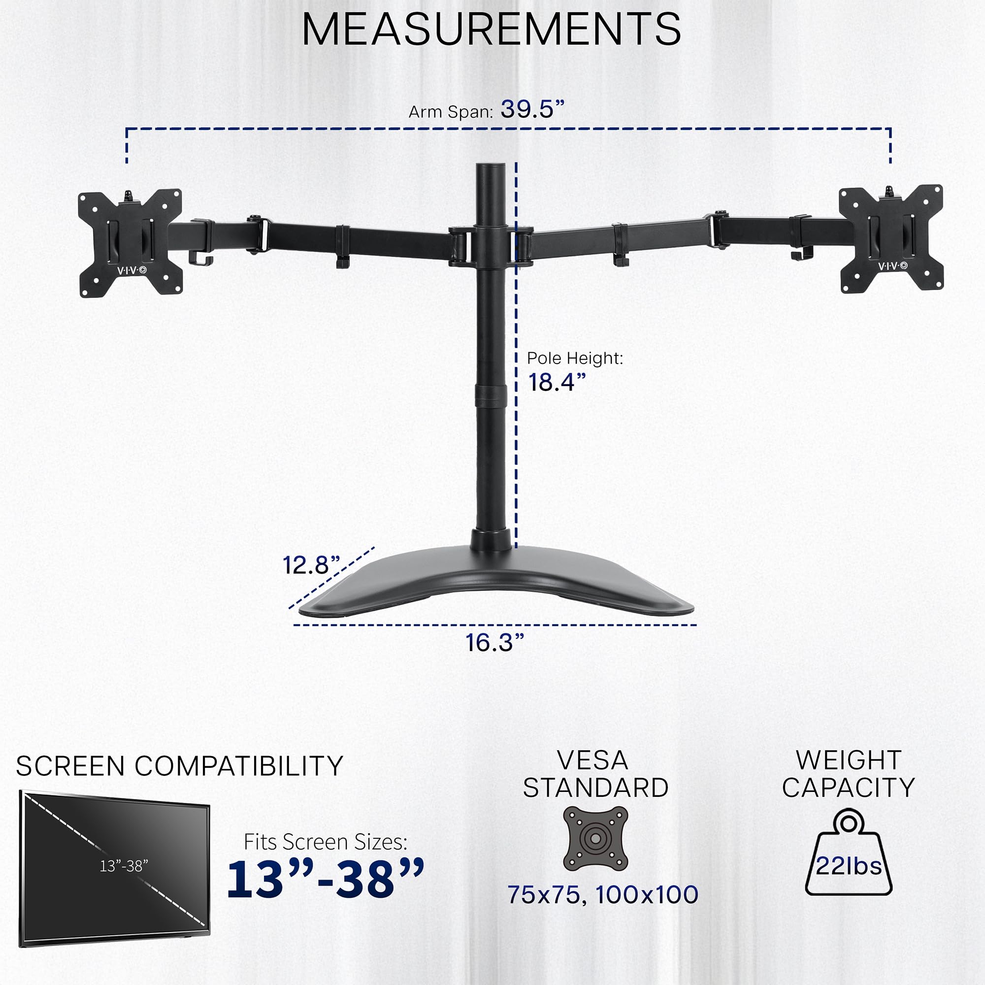 VIVO STAND-V038F - Supporto da scrivania per 2 schermi fino a 38", bracci regolabili per carichi pesanti, VESA max 100 x 100 mm, colore: nero