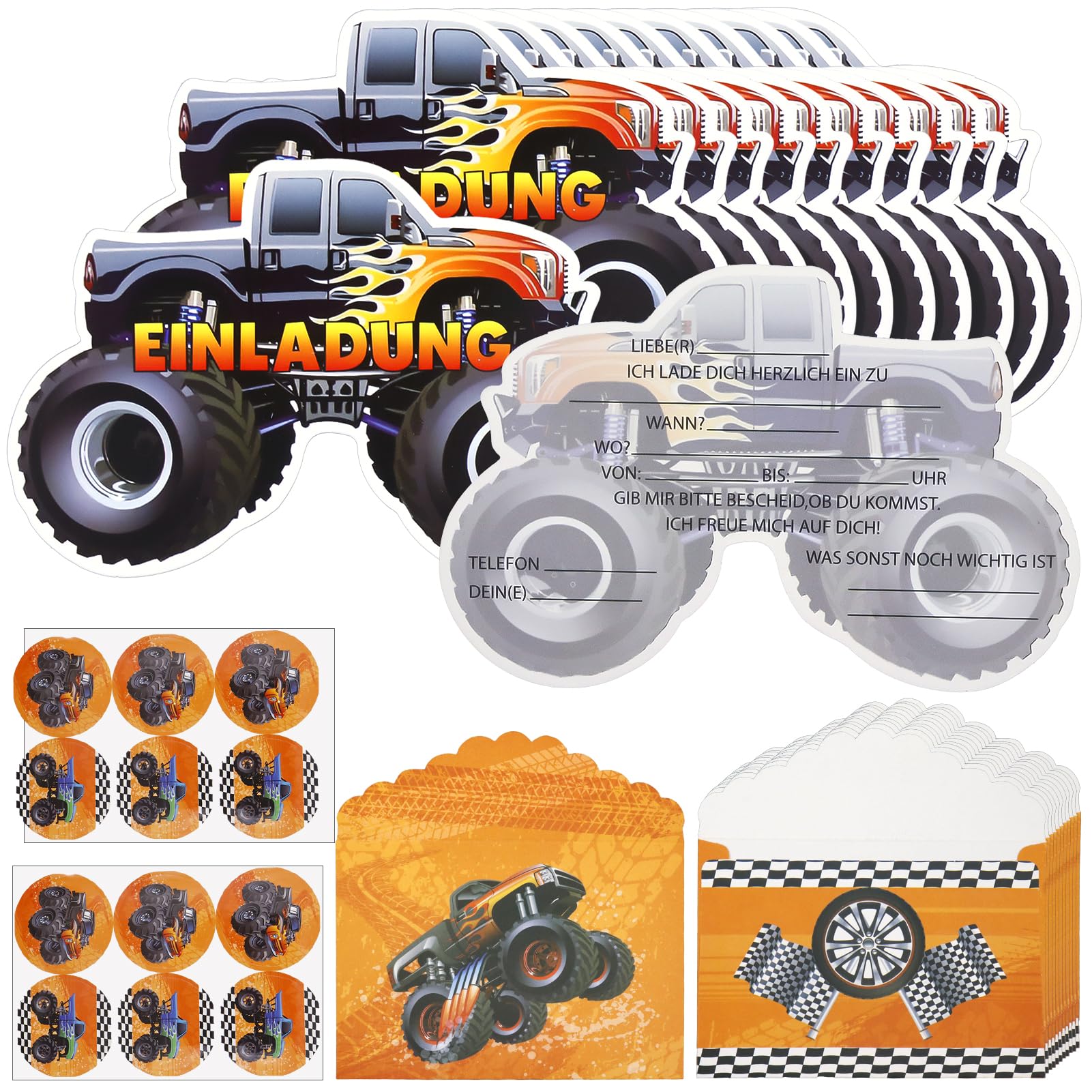 SHOWHEEL 12×Truck Einladungskarten Kindergeburtstag, Truck Party Einladung Deutsch mit Umschläge, Einladungskarten Geburtstag Truck, Einladungskarten Kindergeburtstag Junge Orange