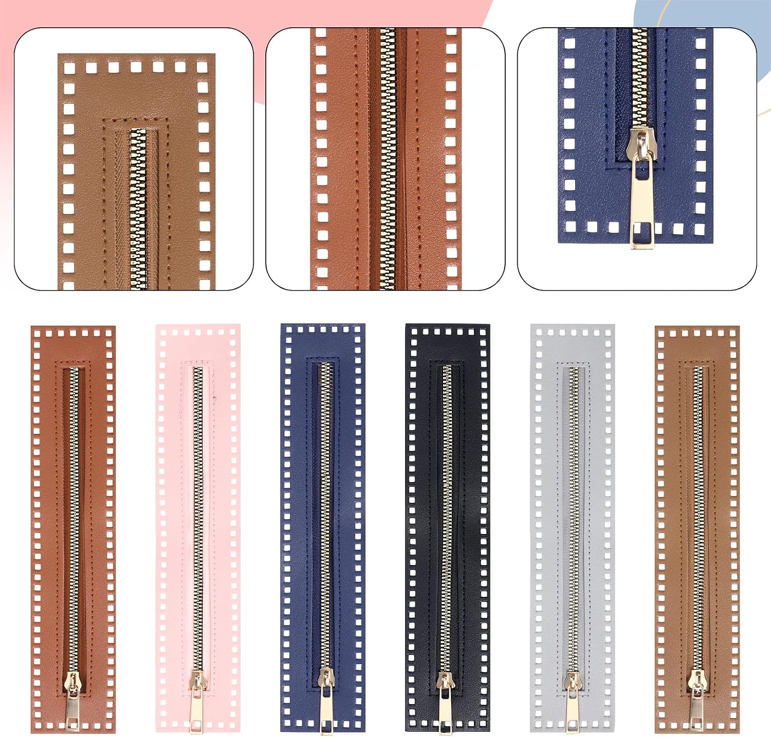 6 Pcs 10.6 Inch Leather Sewing Zippers PU Leather Crochet Zipper with Holes Zipper for Crochet Bag PU Leathers Zippers for DIY Bags Purses Wallets Craft Projects (6 Colors)