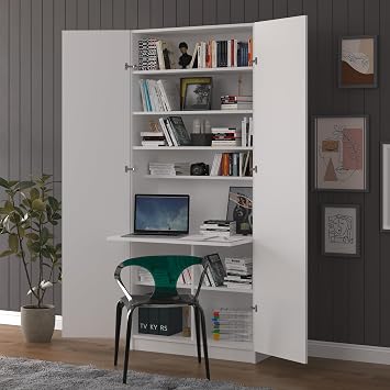 ASRA TREND Beyaz MD001 Katlanır Masa Dolabı 80x208 cm Çok Amaçlı Kitaplıklı Çalışma Masası Geniş Depolama Alanlı Fonksiyonel Kiler ve Ofis Ünitesi%100 MDFLAM