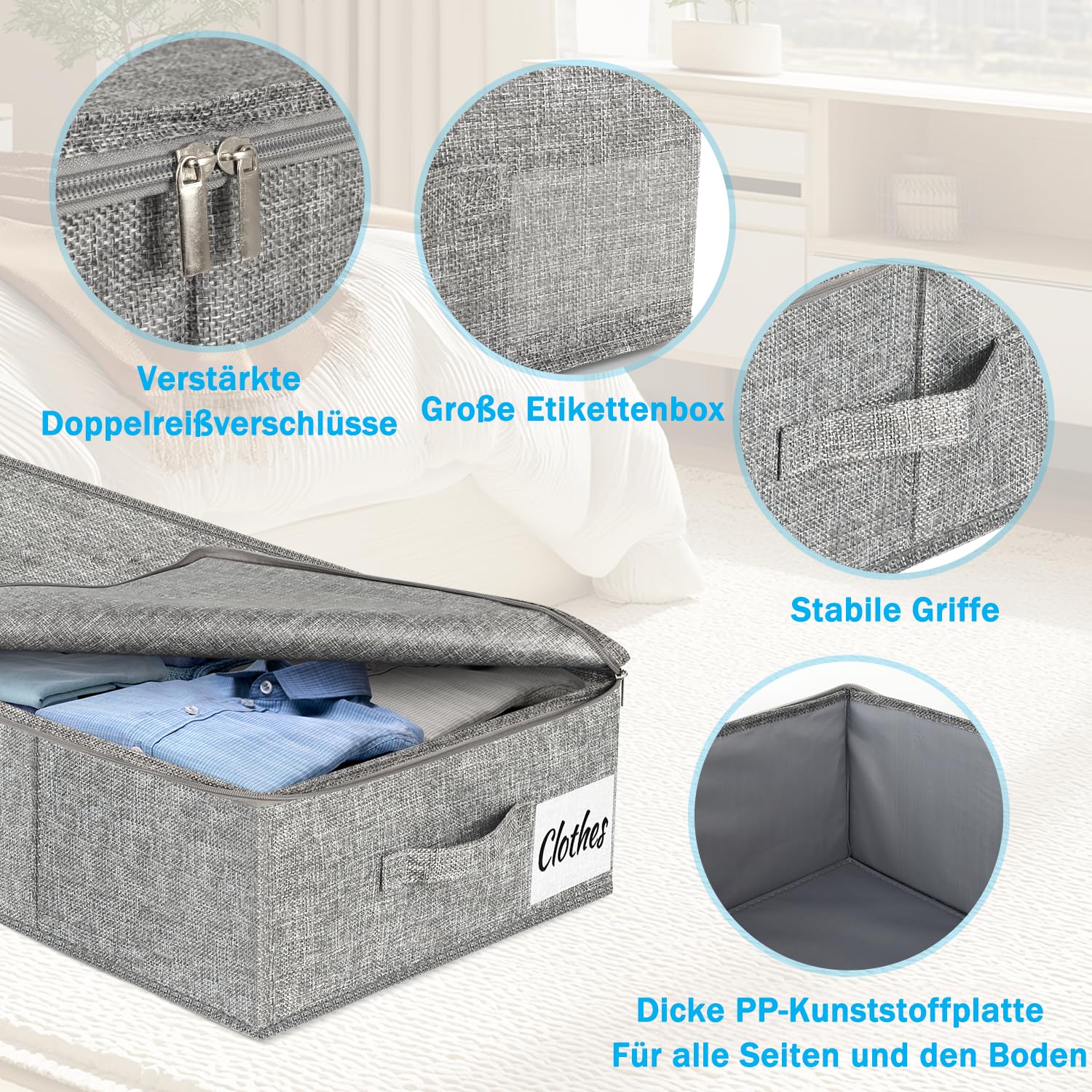 Contenitore sotto il letto, con coperchio, altezza 12 cm, 4 pezzi, pieghevole, lavabile, con 3 maniglie, coperchio con cerniera, per vestiti, coperte