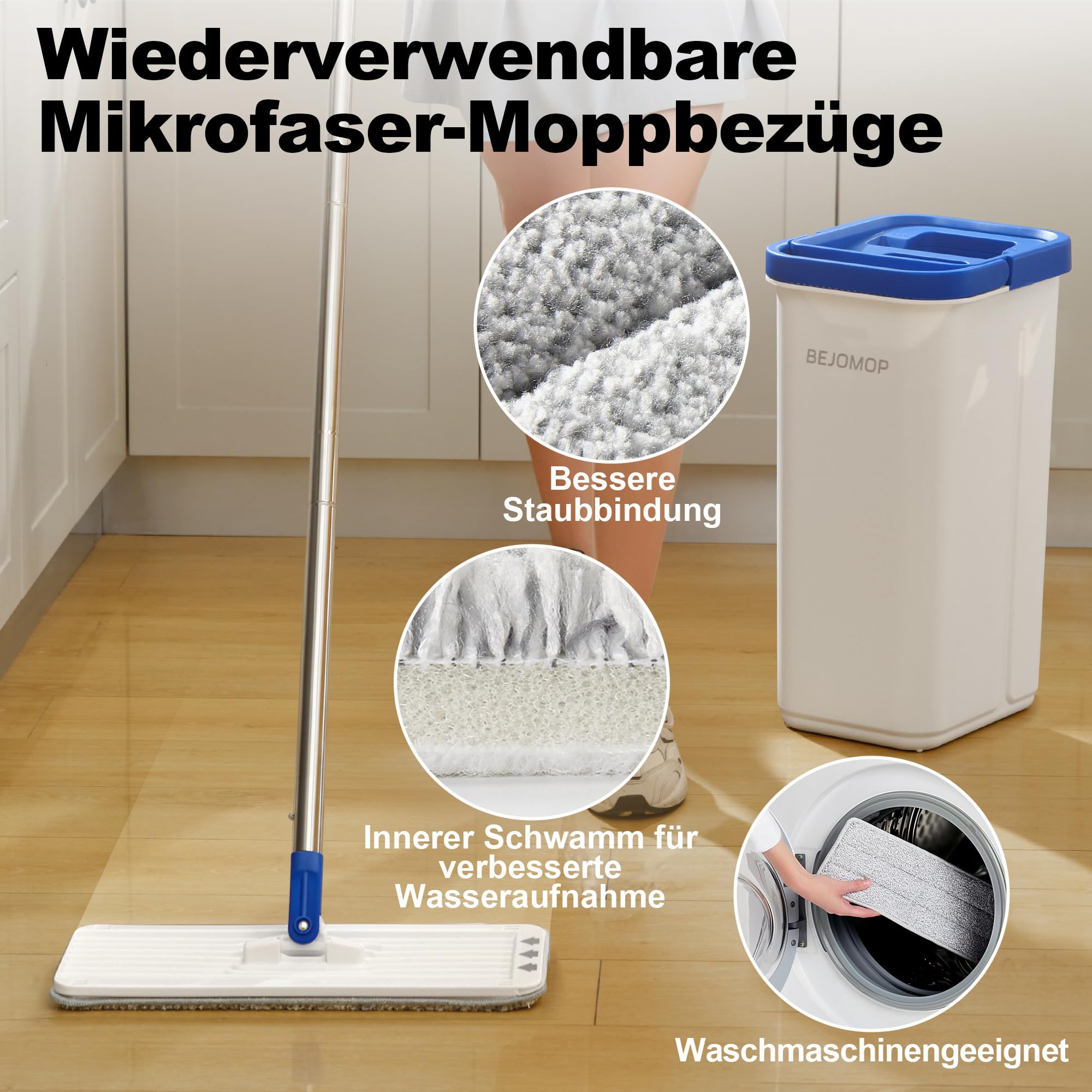 Wischmopp und Eimer Set mit Auswringer, Schieferblau Flach Squeeze Spin Wall Mop Cleaner mit langem Griff, Trocken & Nass Staubwischer für Haushalt Bodenreinigung mit 3 Mikrofaser Mops