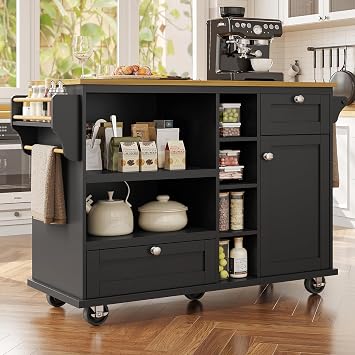 Rolling Kitchen Island on Wheels with Adjustable Shelves, Black | Kitchen Trolley with Light Brown Wooden Worktop, Storage Trolley with 2 Drawers for Home Kitchens