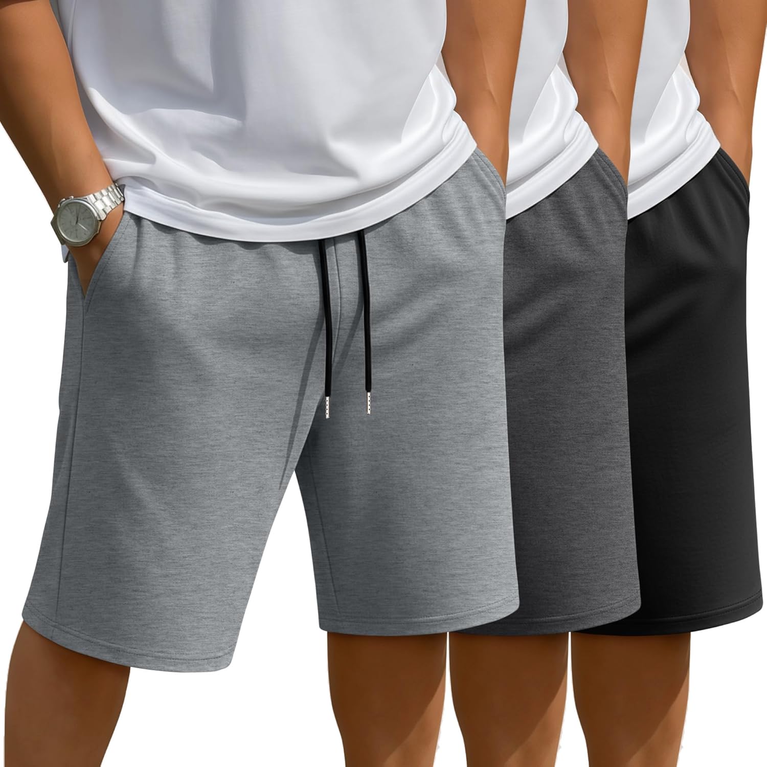 3 Pack Men's Big and Tall Shorts Drawstring Plus Size Basic Casual Summer Bermuda Sweat Shorts with Pockets