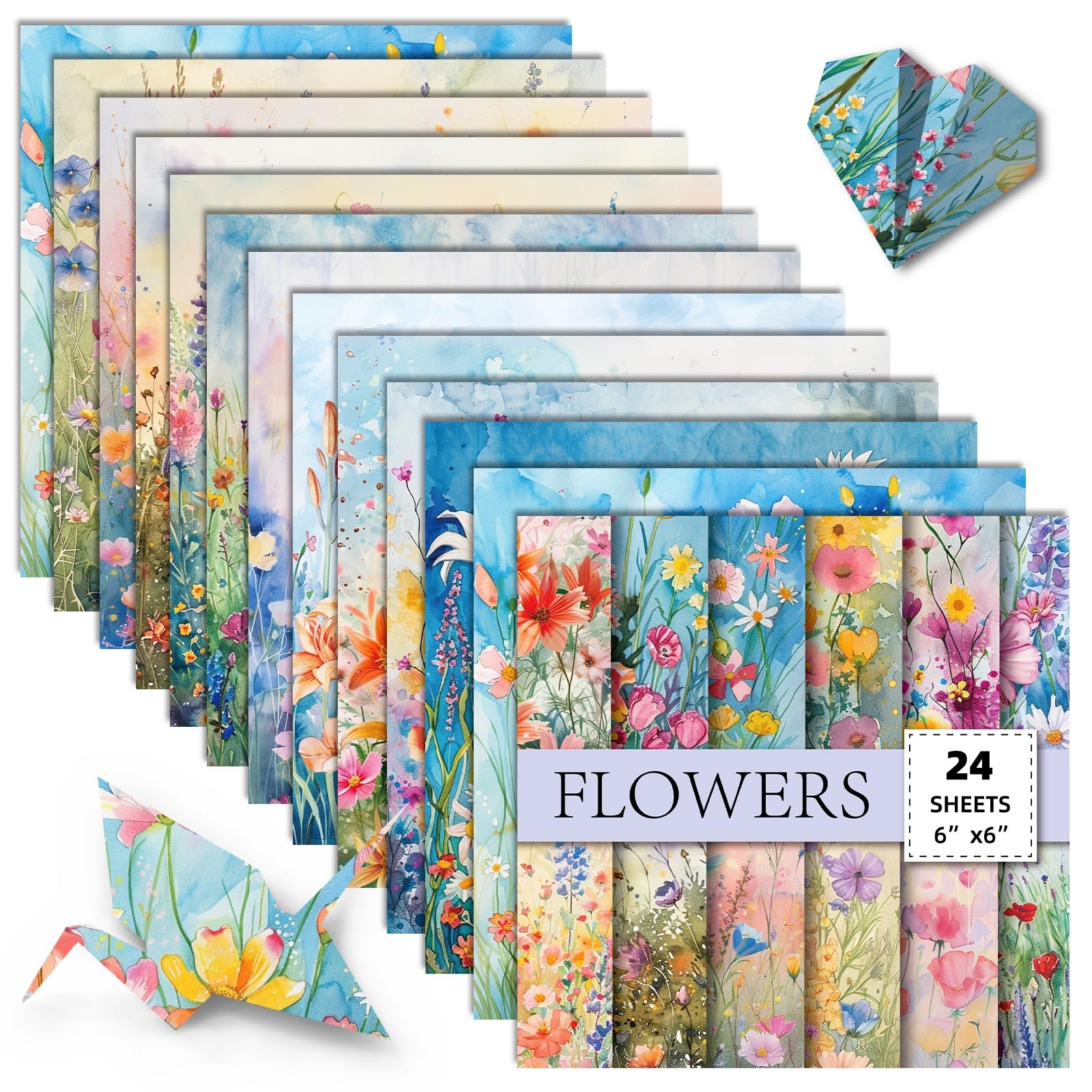 BRTNUP 24 Sheets Scrapbook Paper, 6" x 6" Watercolor Floral Decoupage Paper Sheets Scrapbook Background Papers Pad Scrapbooking Papers Pads Floral Pattern Papers for Crafting Decoupage DIY