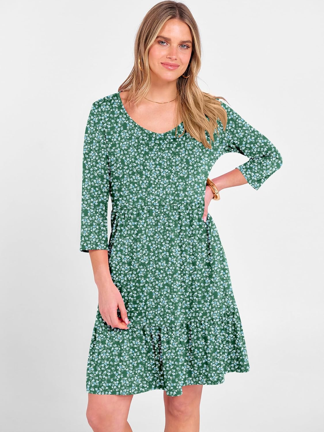 ANRABESS Women's 3/4 Sleeve Mini Dresses Summer Casual V Neck Flowy Tiered Floral Boho A-line 2026 Beach Vacation Short Dress - Image 3