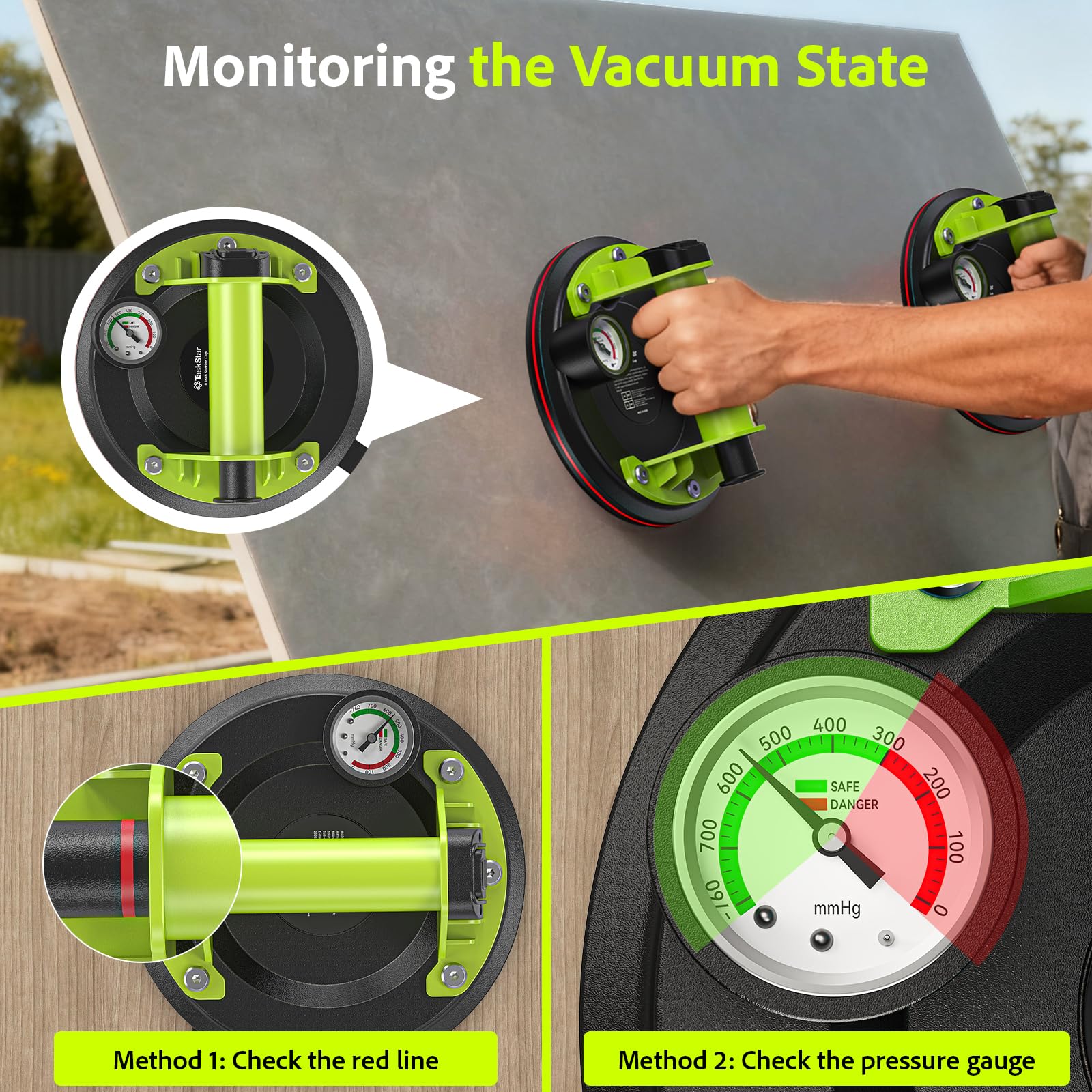 Taskstar Ventosas de vidrio para levantar vidrio grande: elevadores de succión de vidrio de 8 pulgadas con manómetro, carga máxima de 450 libras, elevador de vacío resistente para contratistas