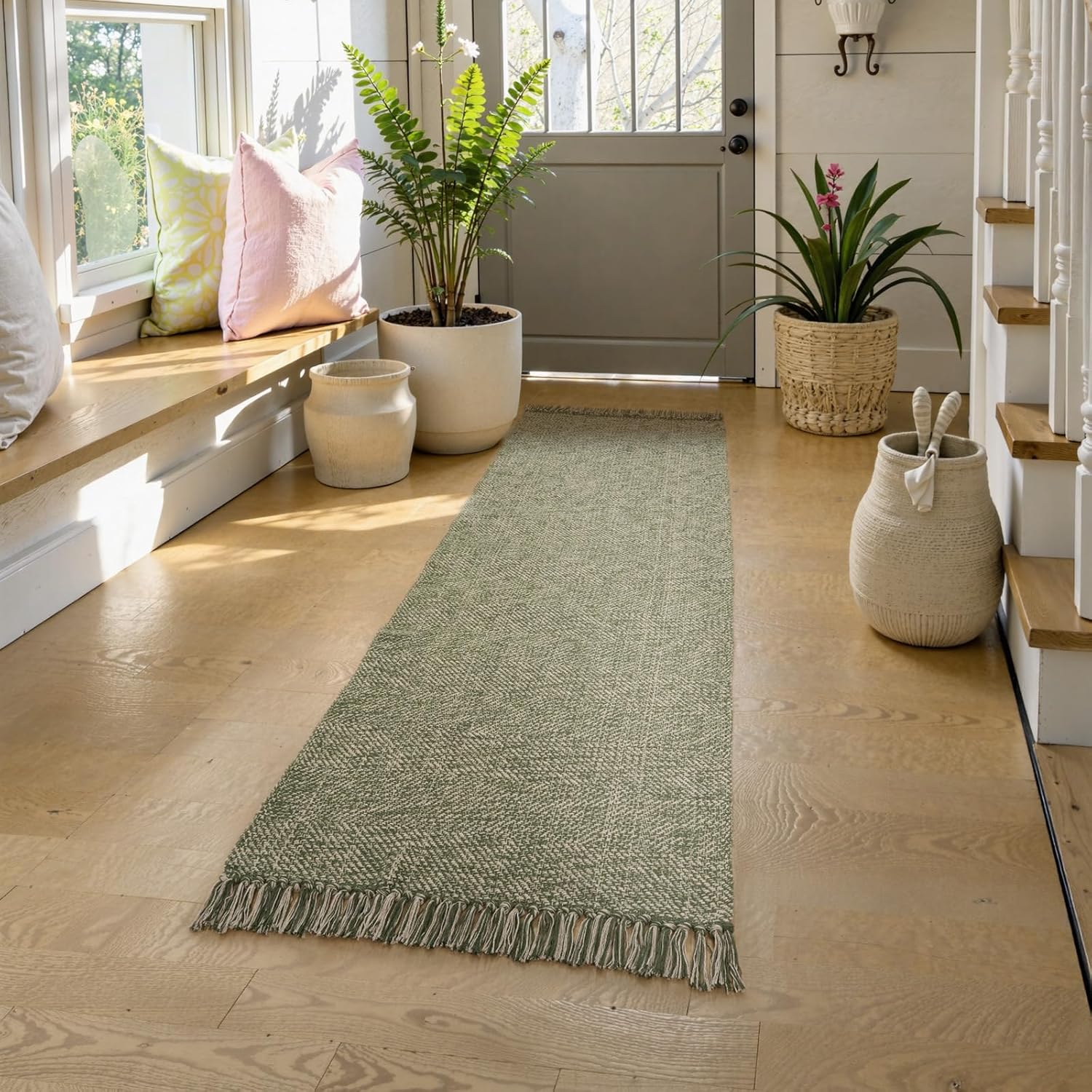 Collive 2x6 Hallway Runner Rug, Hand-Woven Washable Reversible Entryway Runner Rug, Natural/Green Cotton Farmhouse Laundry Room Rug Modern Long Carpet for Bedroom Bathroom Sink Foyer