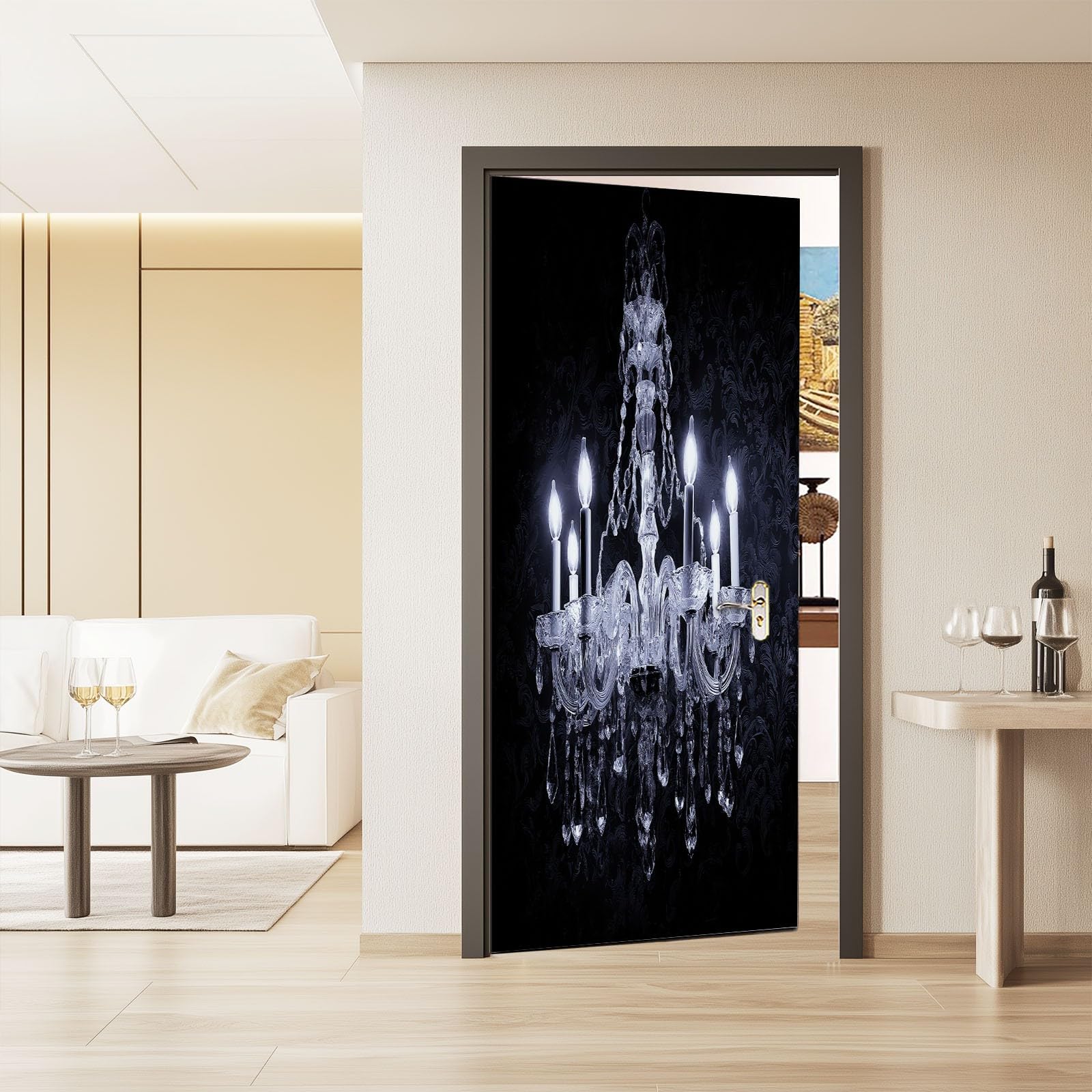 Tapeta na drzwi 3D, samoprzylepna, kryształowy żyrandol ze świecą, plakat na drzwi, sztuka fantasy, naklejka na drzwi, wodoszczelna, zdejmowana folia na drzwi, fototapeta, salon, sypialnia, łazienka