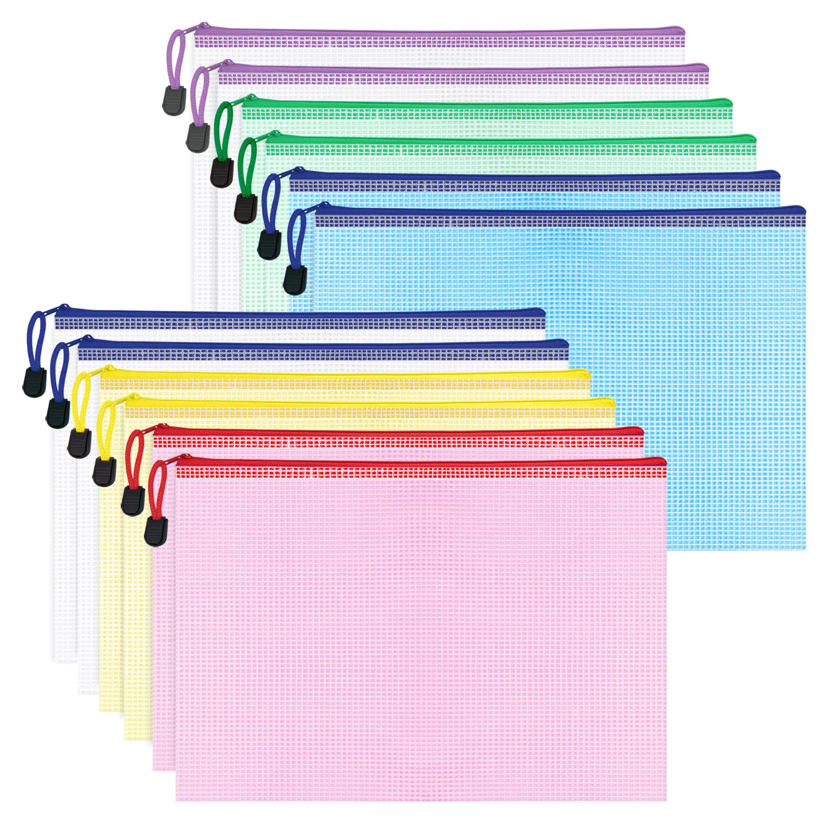 WISYOK 12pcs A4 Colorful Plastic Wallets Zip, Zip Lock Bags Mesh, Plastic Folders, Document Wallets, Zip Folders, Zipper File Bags for Office, School, Travel, Home (33×23cm, 6 Colors) — image 1
