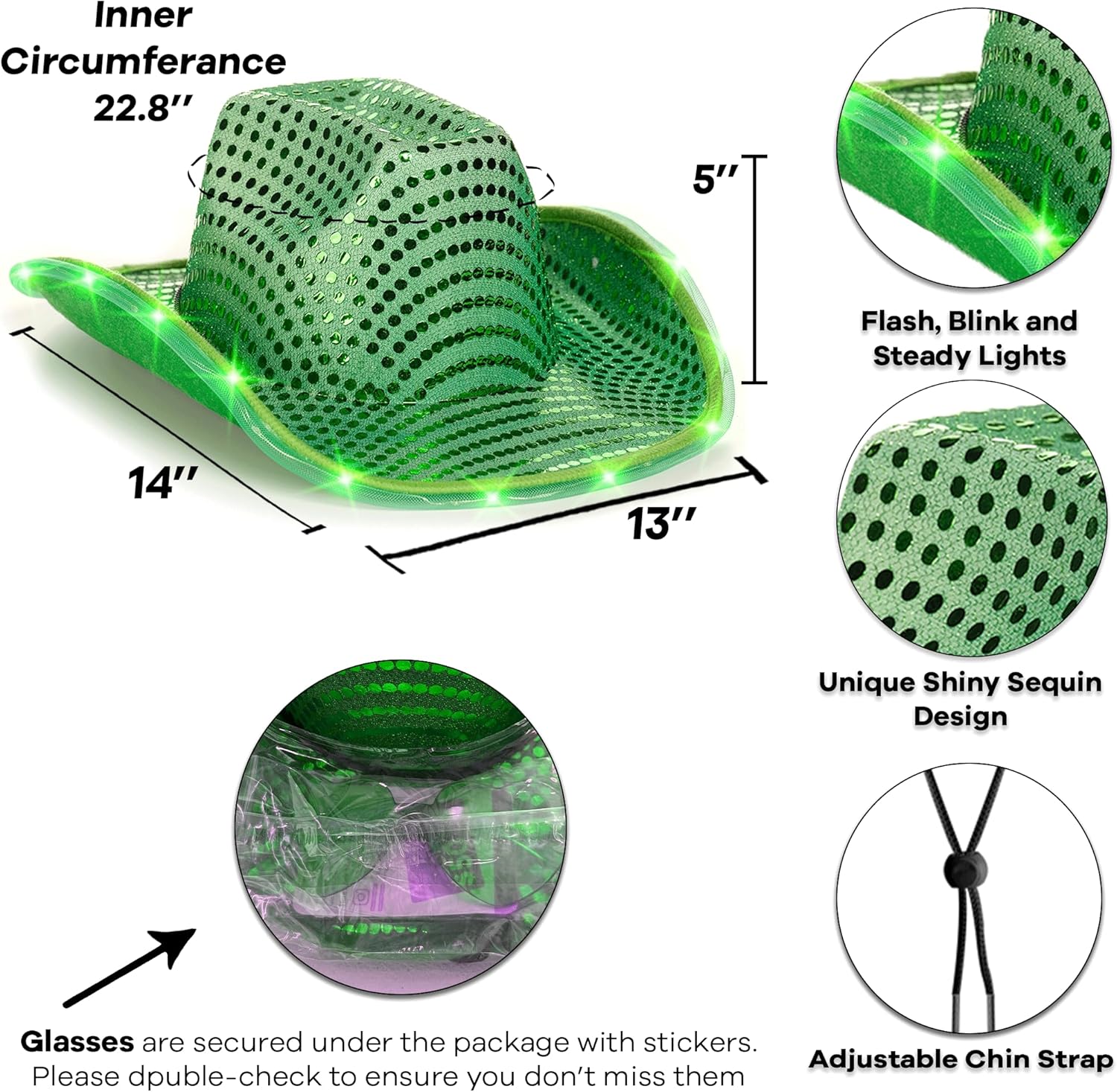 Funcredible Light Up Cowboy Hat and Glasses - Sparkly Disco Cowgirl Hat - Sequin Cowboy Hat for Women - Cowgirl Costumes - Image 2