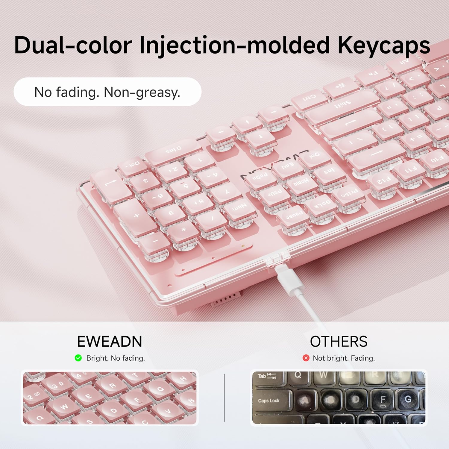 EWEADN X7S Wireless Keyboard with White Backlit, Metal Panel, 2.4G Rechargeable Computer Keyboard Silent Light up Full Size Cute Keyboards for Win & MAC - Pink