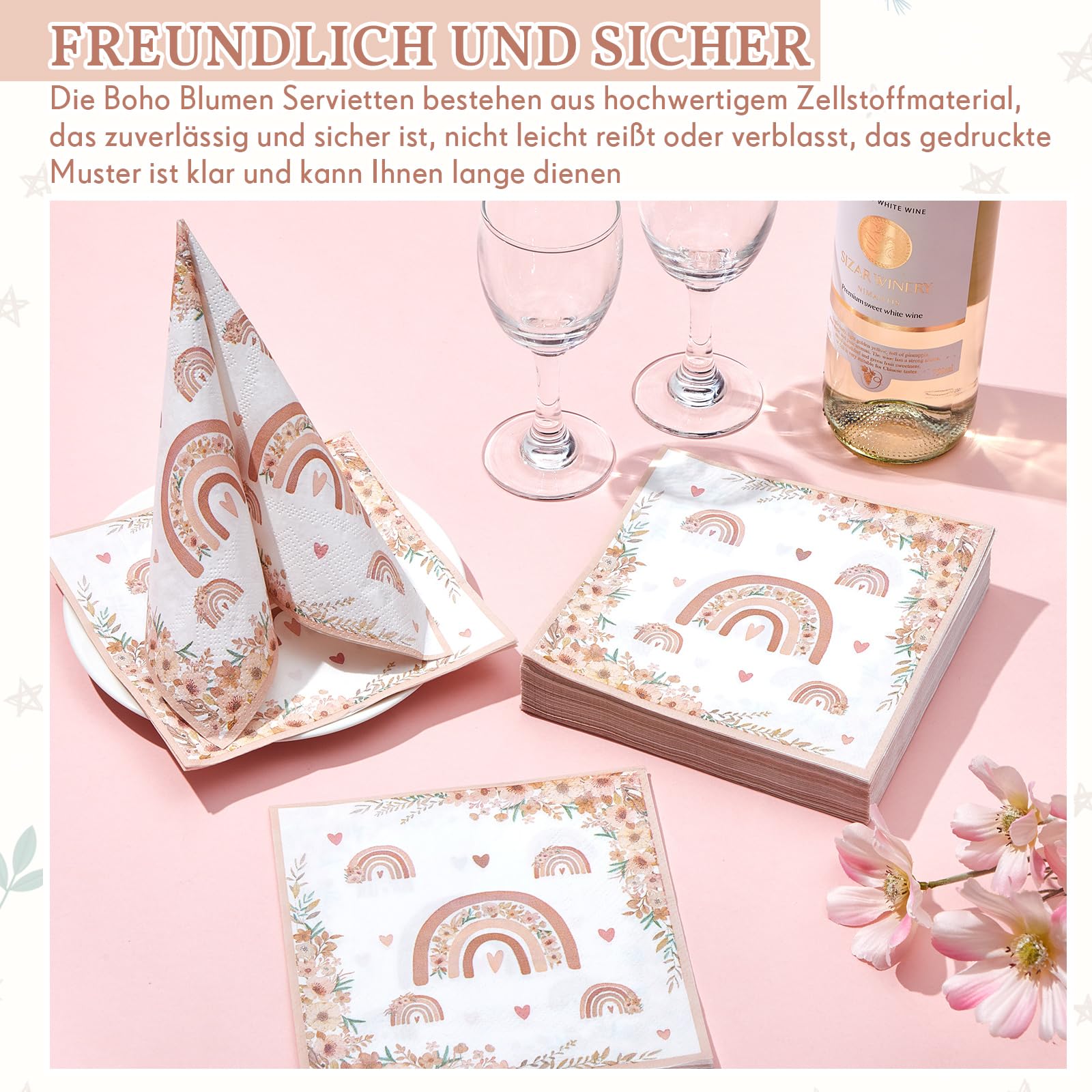 50 Serviettes En Papier 33x33cm Motif Fleurs Boho - Jetables Fête Anniversaire