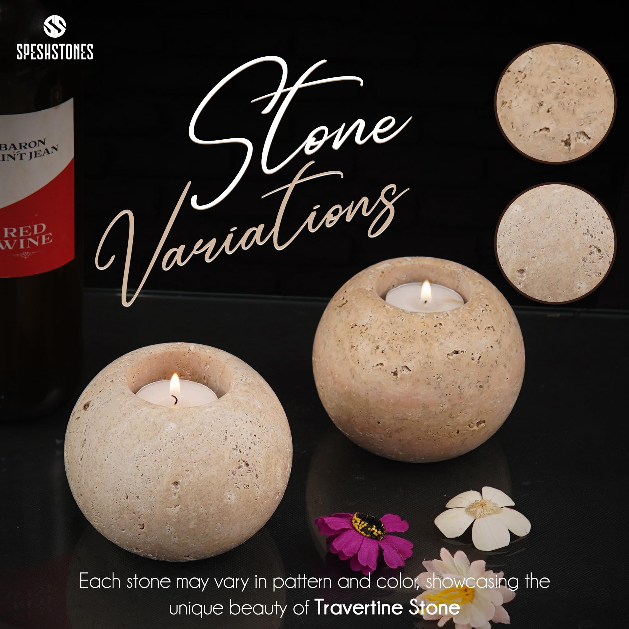 SPESHSTONES Portacandele in marmo in travertino da 10 cm, per regali, lumini da tè, candele, set di 2 per compleanni, matrimoni, tavoli da pranzo, centrotavola e decorazioni per San Valentino