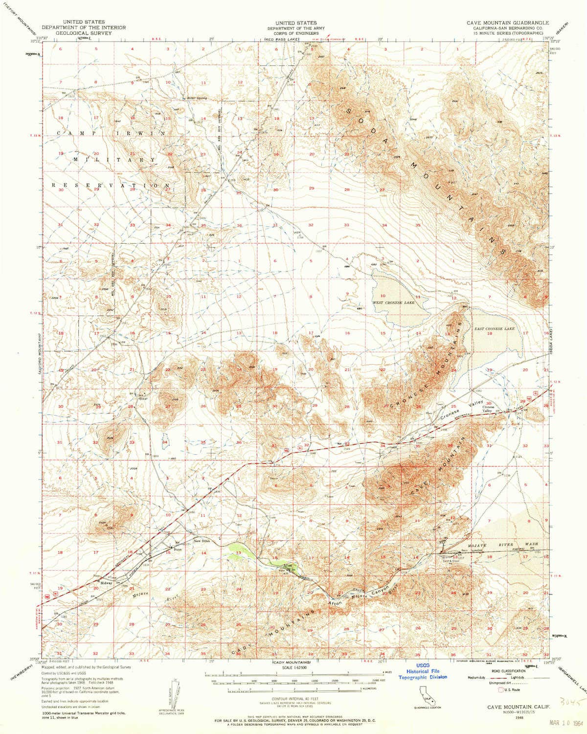 YellowMaps Cave Mountain CA topo map, 1:62500 Scale, 15 X 15 Minute, Historical, 1948, Updated 1964, 20.8 x 16.6 in - Tyvek