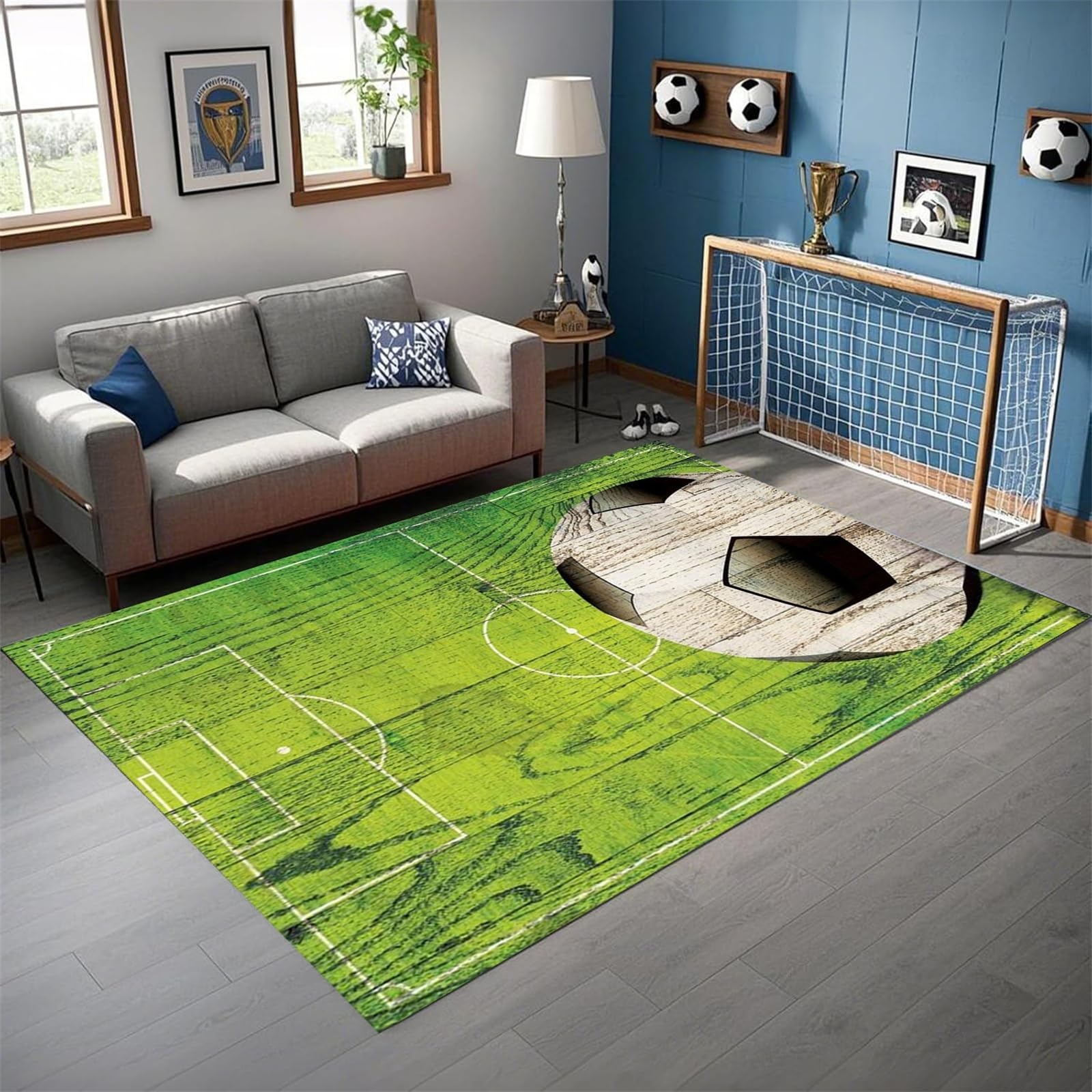 AOESELN 180x230 Cm Kids Rug for Bedroom,Super Soft Durable Football Print Design Non-Slip Washable Rug for Boys Comfortable Play Mat for Playrooms Or Nursery