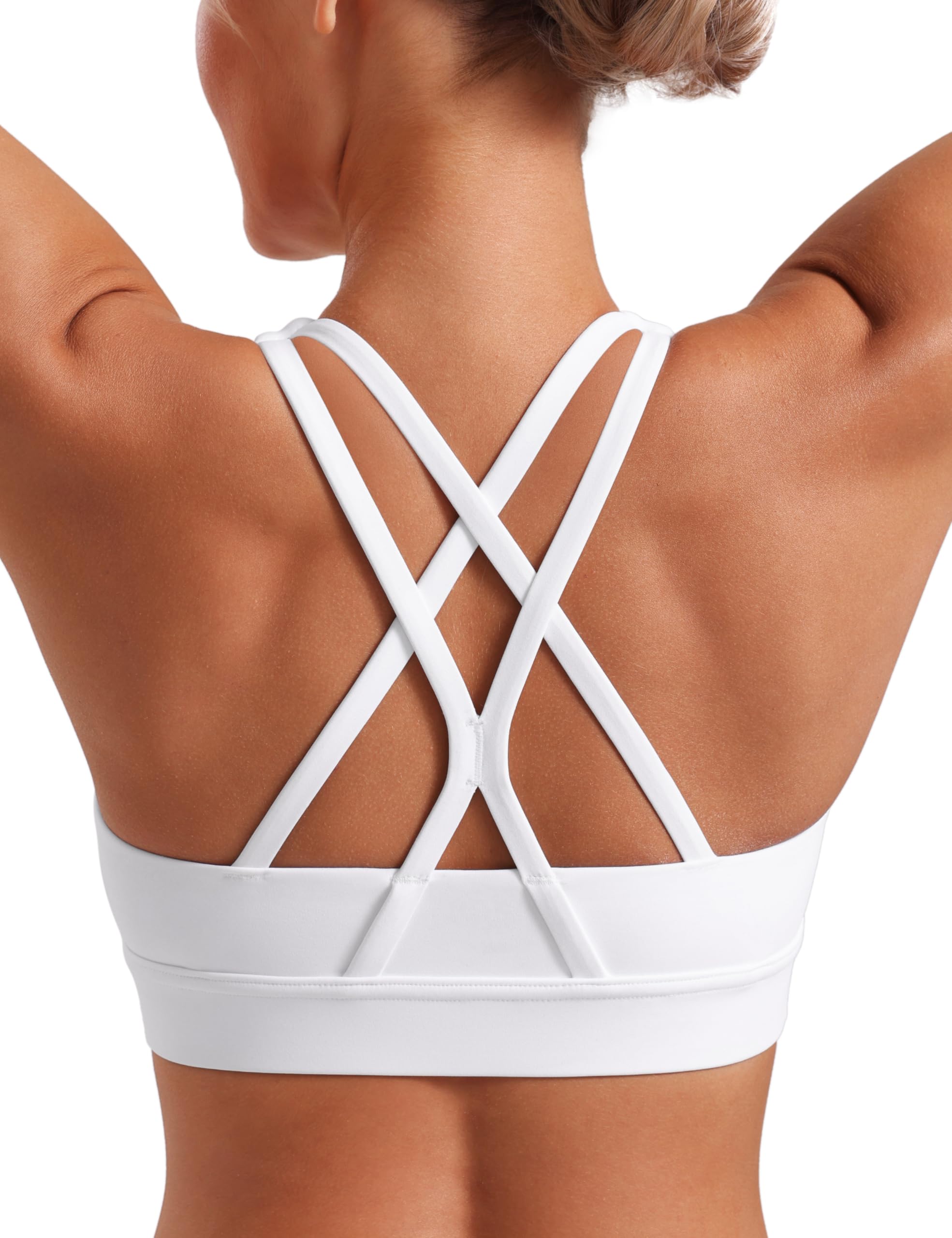 POSHDIVAH Women's Mid-Impact Sports Bra with Removable Padding - Criss Cross Back for Yoga, Running & Gym Workouts D-E Medium White