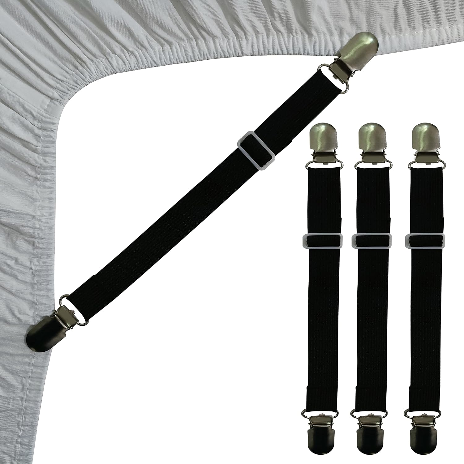 Ruezunn Bed Sheet Clips Straps Sheet Holder Mattress Clips, Elastic Sheet Fasteners Grippers, 4 Pcs Adjustable Elastic Bed Sheet Grippers Straps Suspender Fasteners Holder (Black)