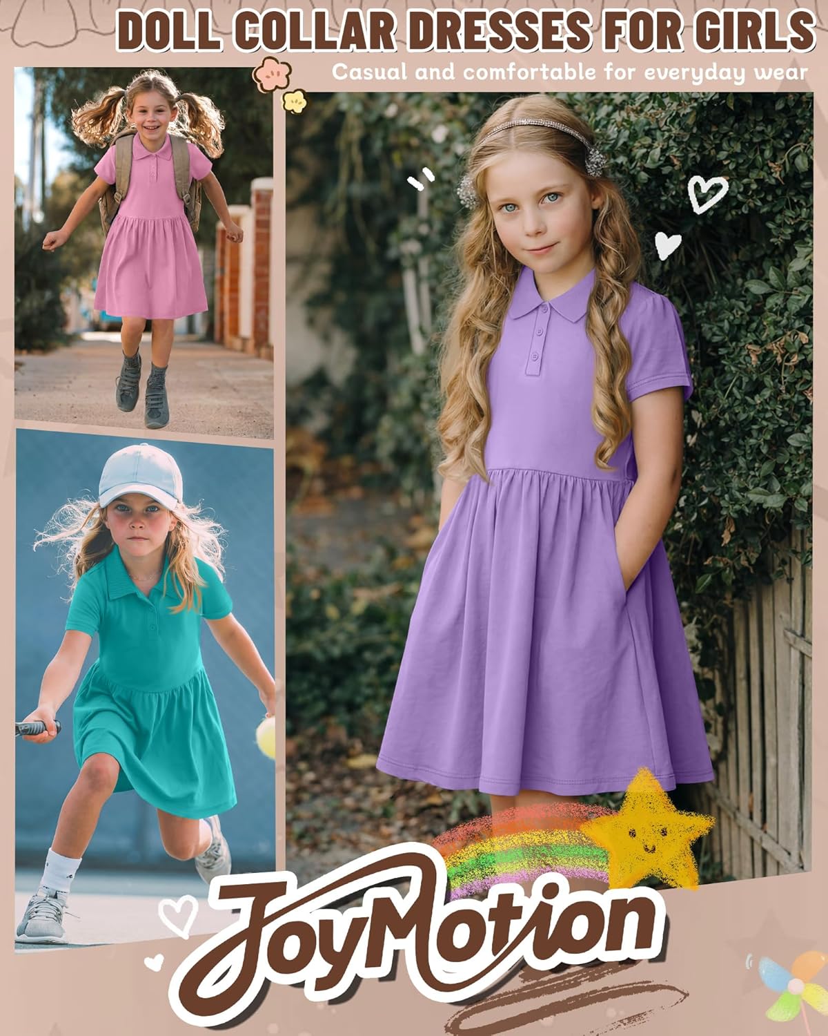 3 Pack Girls' Short Sleeve Dresses School Uniform Dress with Pockets Casual Basic Summer Tennis Dress Kids 7-16Y