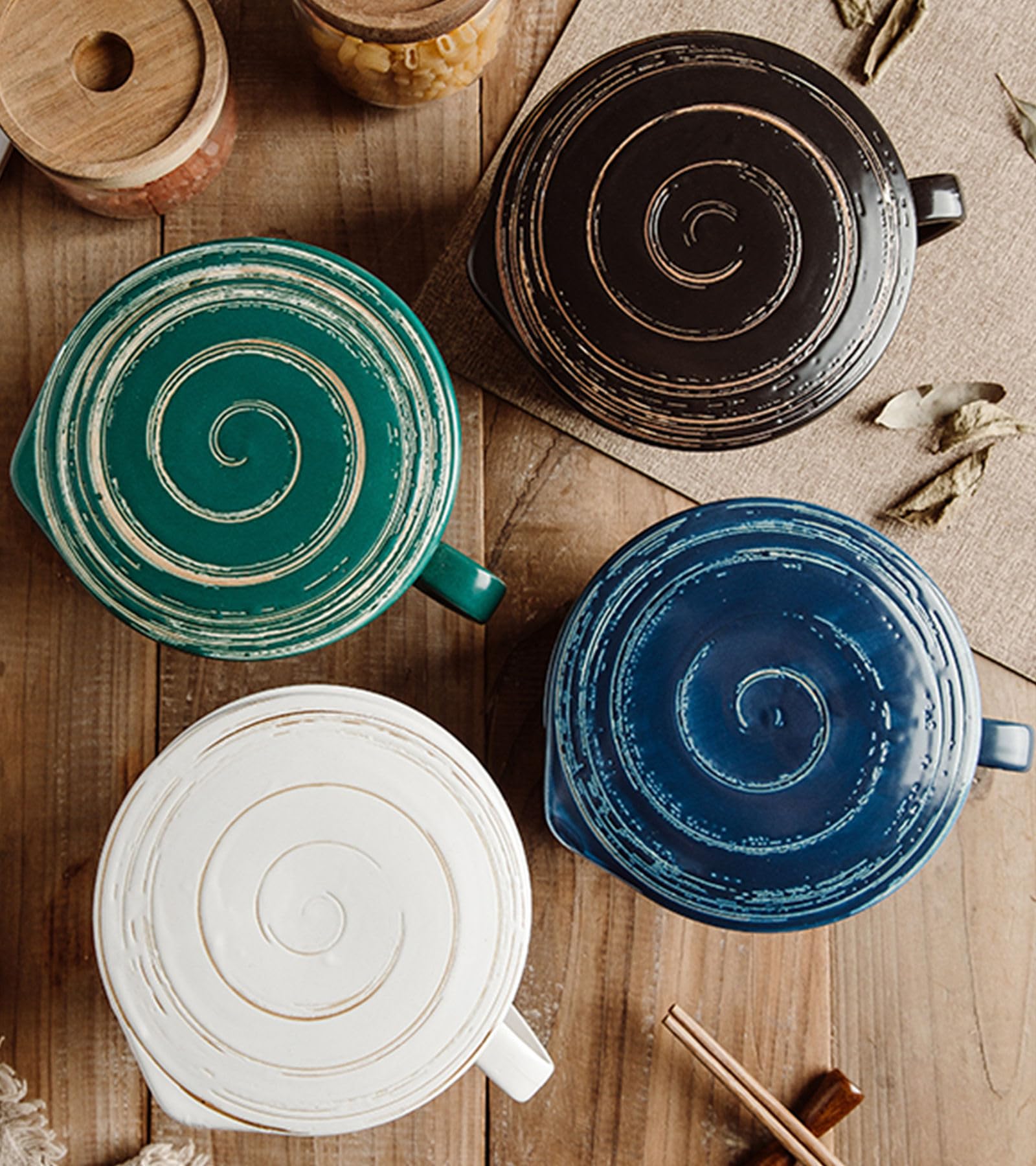 Ciotola in ceramica per ramen con manico e coperchio, grande tazza per noodle con coperchio, ciotola profonda per zuppa adatta al microonde (blu, 880 g)