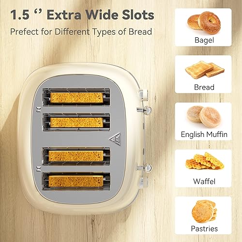 Miniatura 2 de Tostadora de 4 rebanadas, retro, de acero inoxidable, con 6 ajustes de tostado de pan, ranuras de 1.5'' de ancho, con funciones de cancelar,