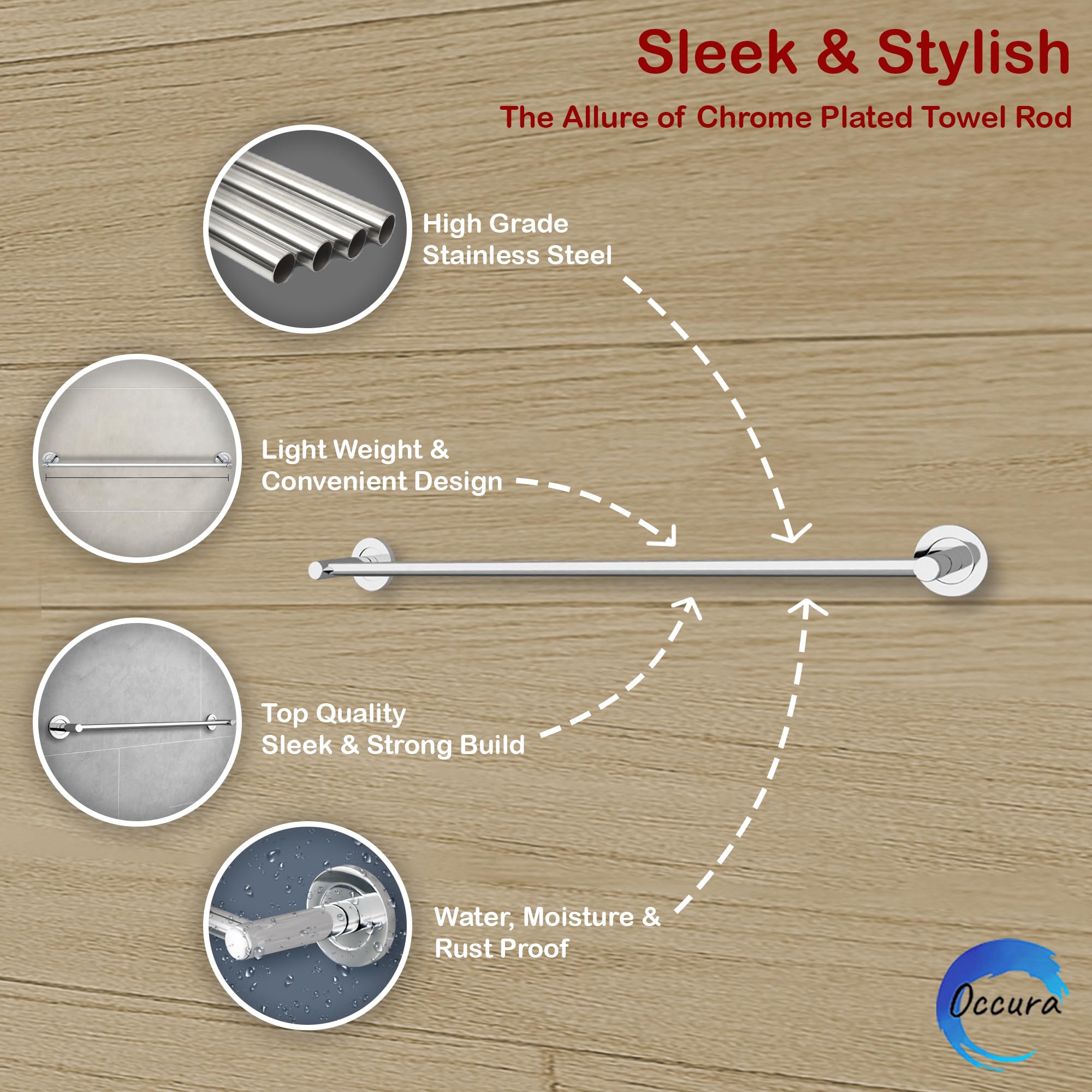 OCCURA 24-Inch Stainless Steel Towel Rod | Wall Mounted Corrosion-Resistant | Towel Rail with Glossy Finish for Bathroom, Kitchen, Shower, Toilet & Washroom Use 3