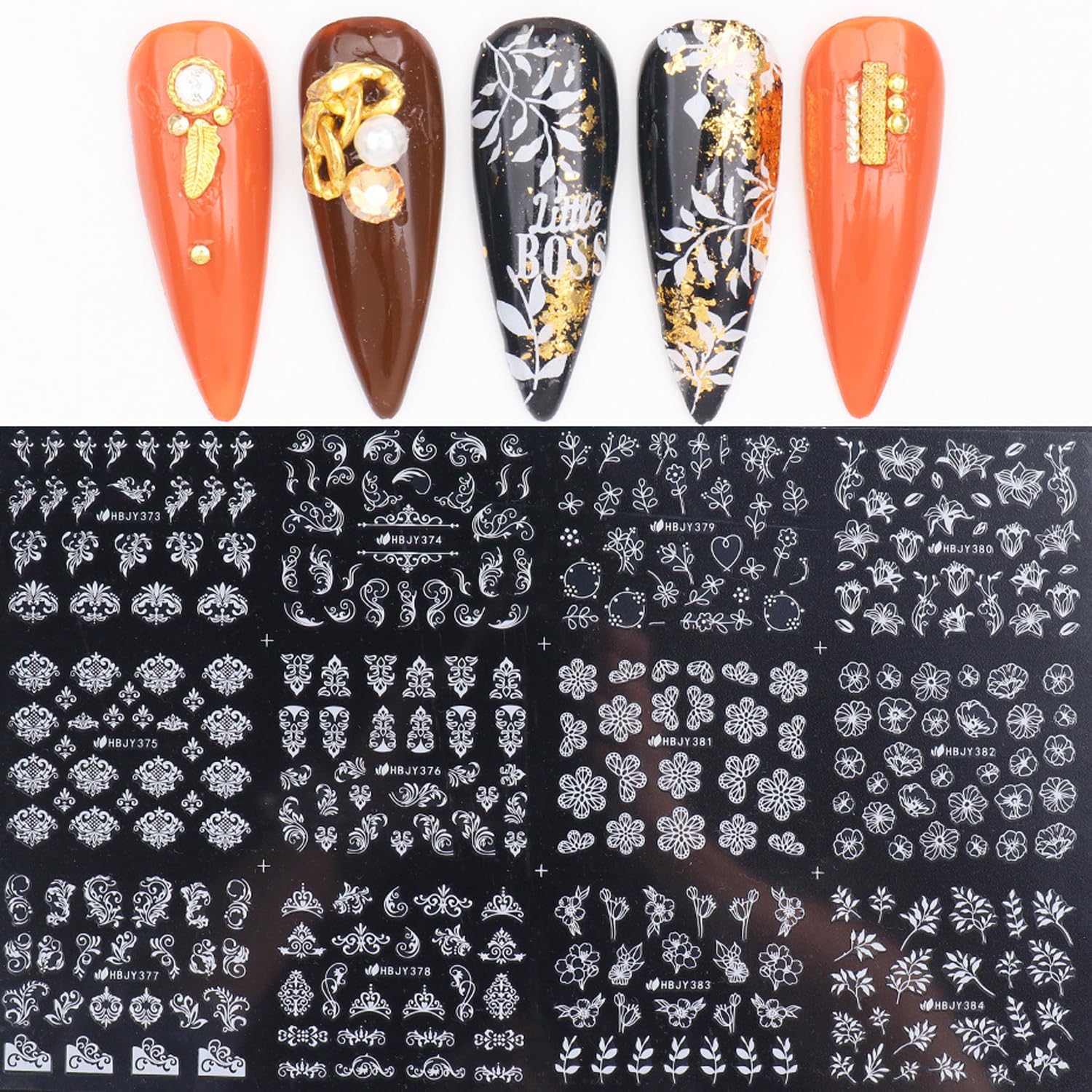 12 Blatt Nail Art Aufkleber Mit Blumen & Efeublättern - 3D Selbstklebend, Für DIY Nageldesign