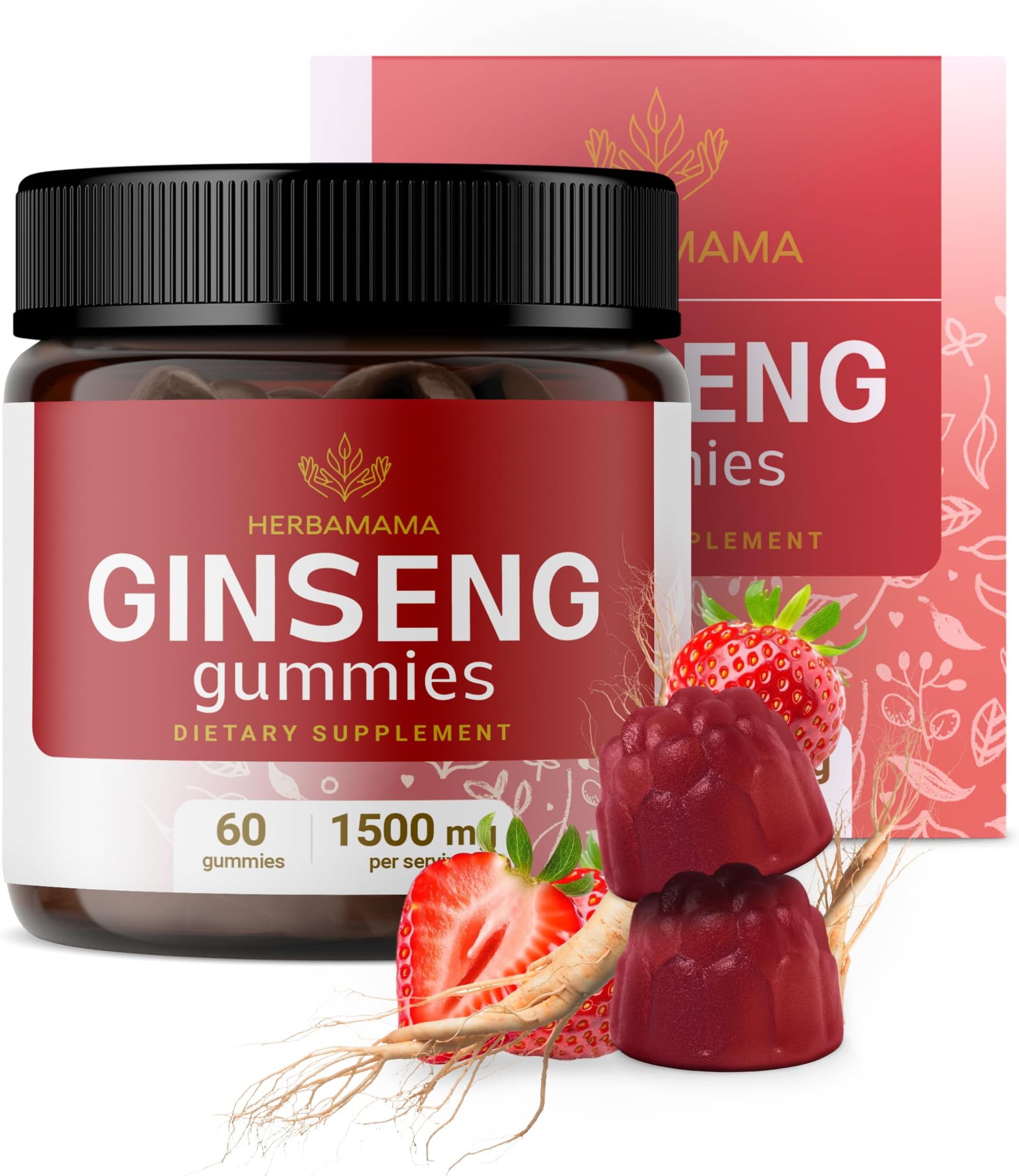 HERBAMAMA Panax Ginseng Gummies - 1500mg Korean Red Ginseng Root for Energy Support - Vegan, Non-GMO Red Panax Immune Support Supplement - 60 Pectin-Based Strawberry-Flavored Chews