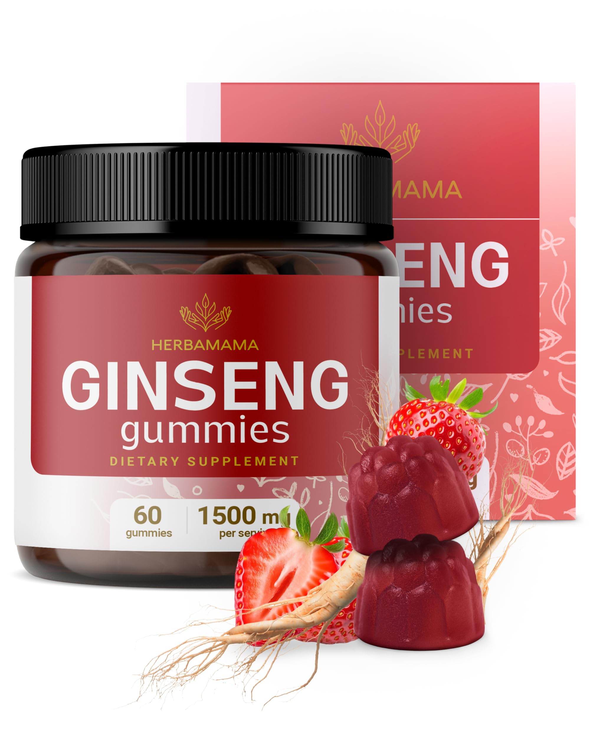 Panax Ginseng Gummies - 1500mg Korean Red Ginseng Root for Energy Support - Vegan, Non-GMO Red Panax Immune Support Supplement - 60 Pectin-Based Strawberry-Flavored Chews
