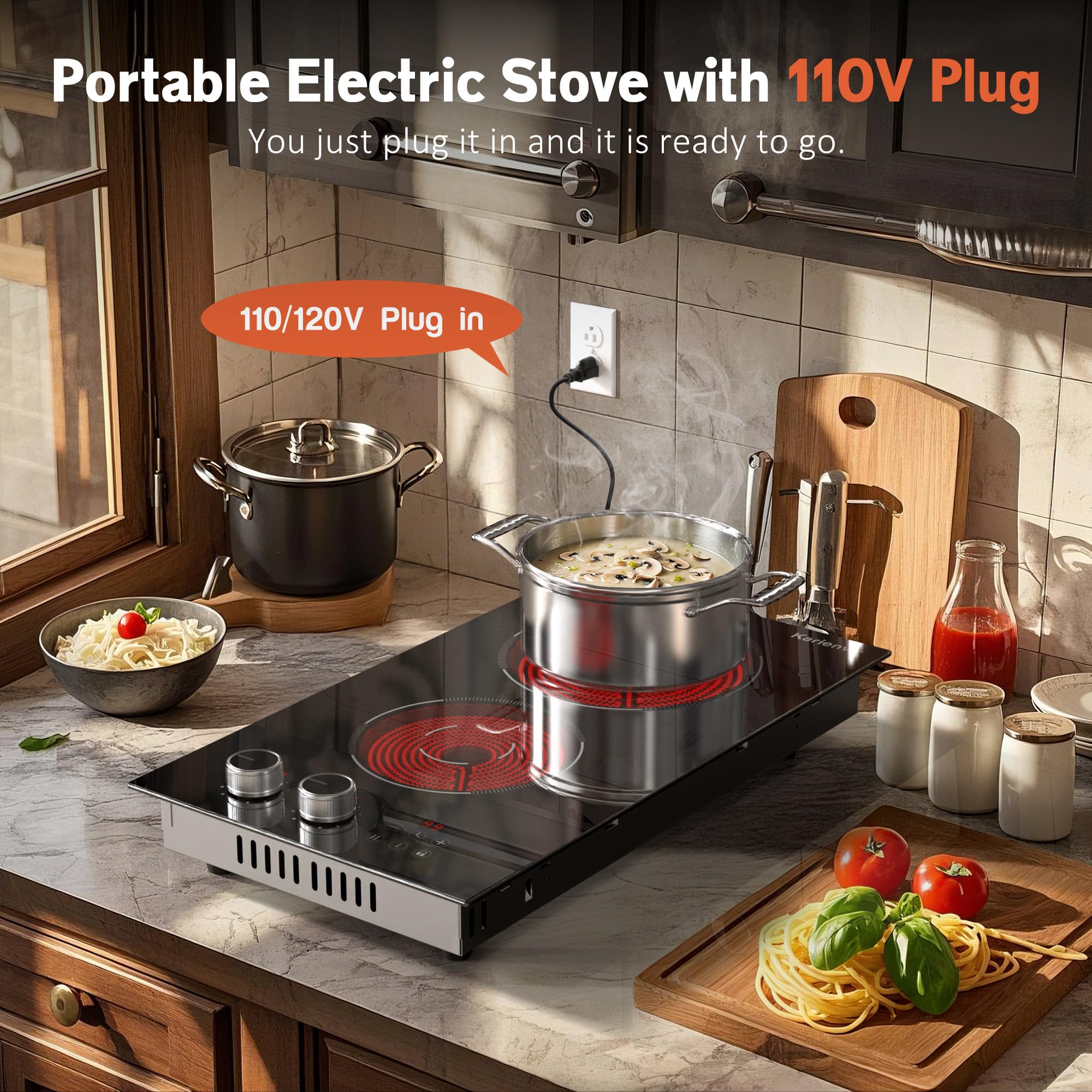 2 Burner Electric Cooktop 110V 2000W Plug in Cook top, 12 Inch Built in or Countertop Stove Top, Electric Burners for Cooking Knob & Touch, Cooktop with 9 Power Levels, Safety Lock, Timer, Karienvir