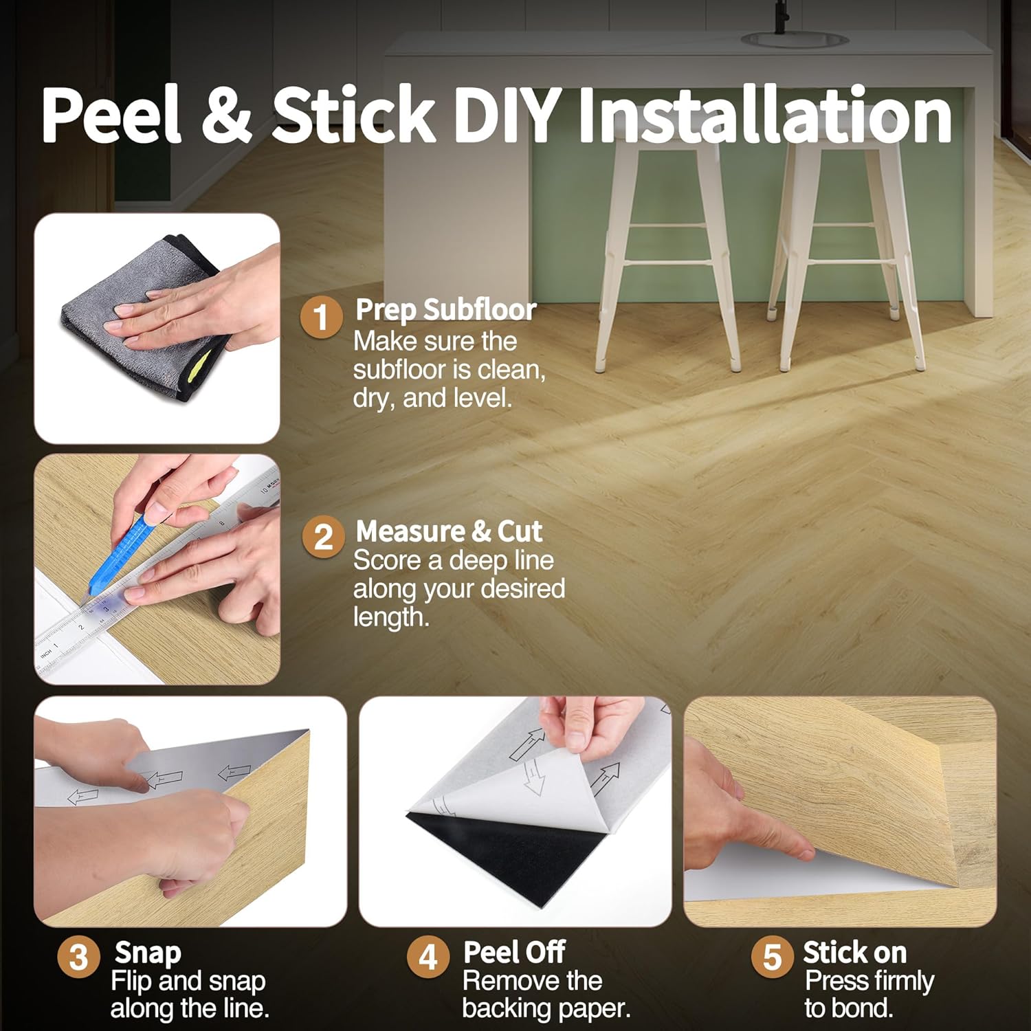 Peel and Stick Vinyl Flooring 36 Pack 54 Sq.Ft, Wood-Look Luxury Vinyl Plank Flooring, Waterproof Self-Adhesive DIY for Bedroom, Kitchen and Bathroom