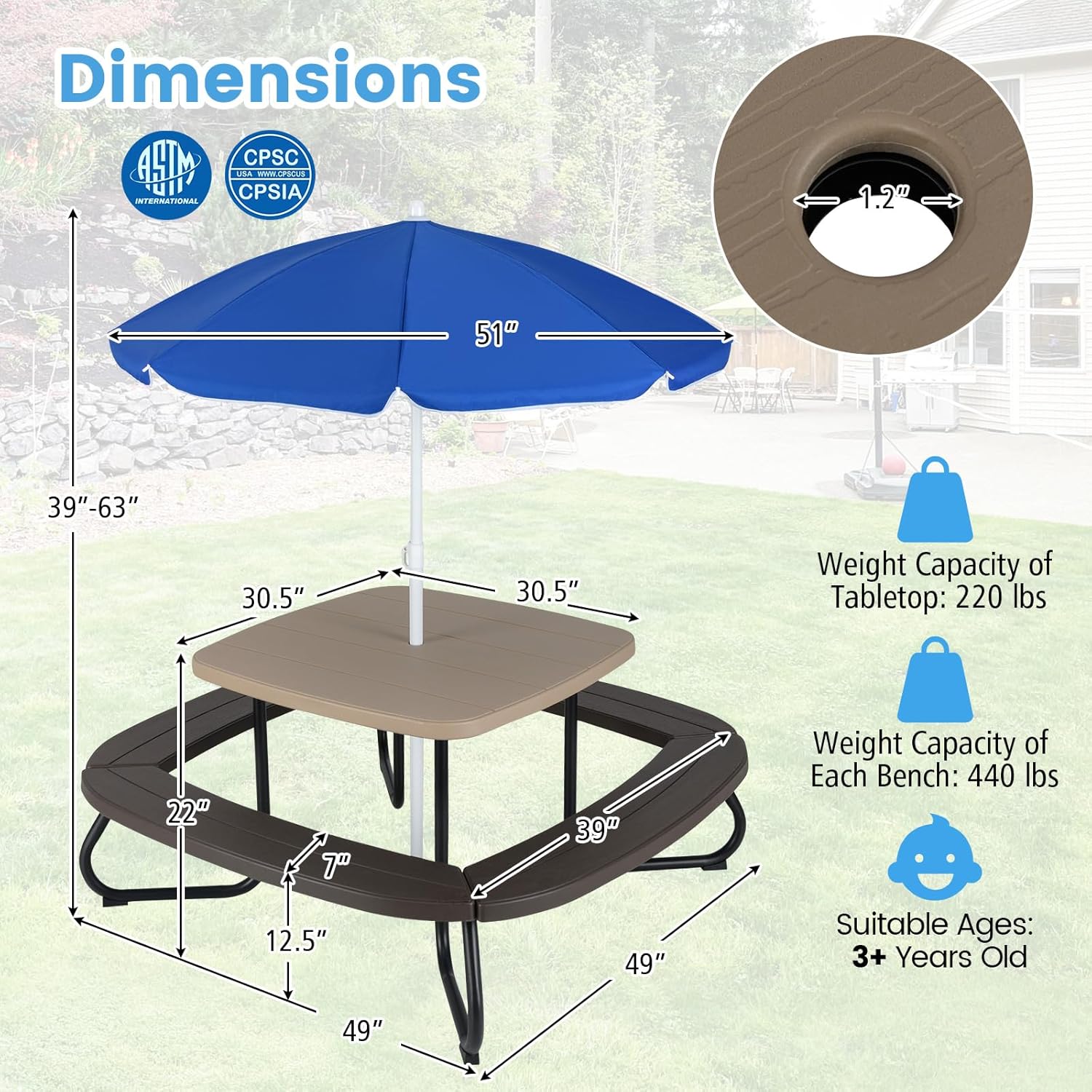 Costzon Kids Picnic Table, 8 Person Kids Outdoor Table and Chairs with Foldable & Adjustable Umbrella, 4 Built-in Benches, Toddler Outdoor Furniture for Backyard, Patio, Garden (Brown)