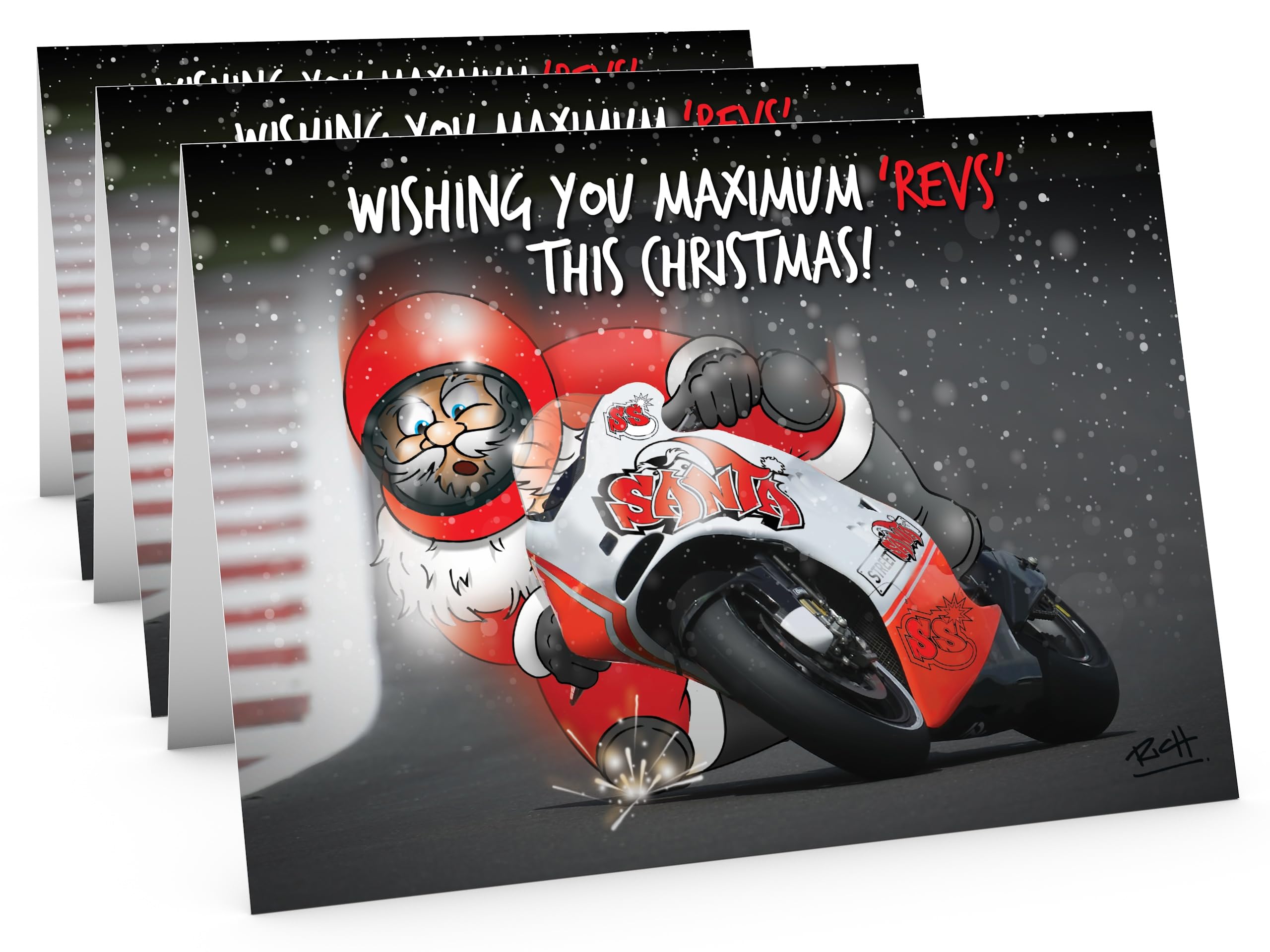 STREET SANTA - Moto GP Christmas Cards - Pack of 3 - Santa Racing Motorbike, Hand-Drawn UK Illustration, A5-Sized Cards (210mm x 148mm), Gloss Finish