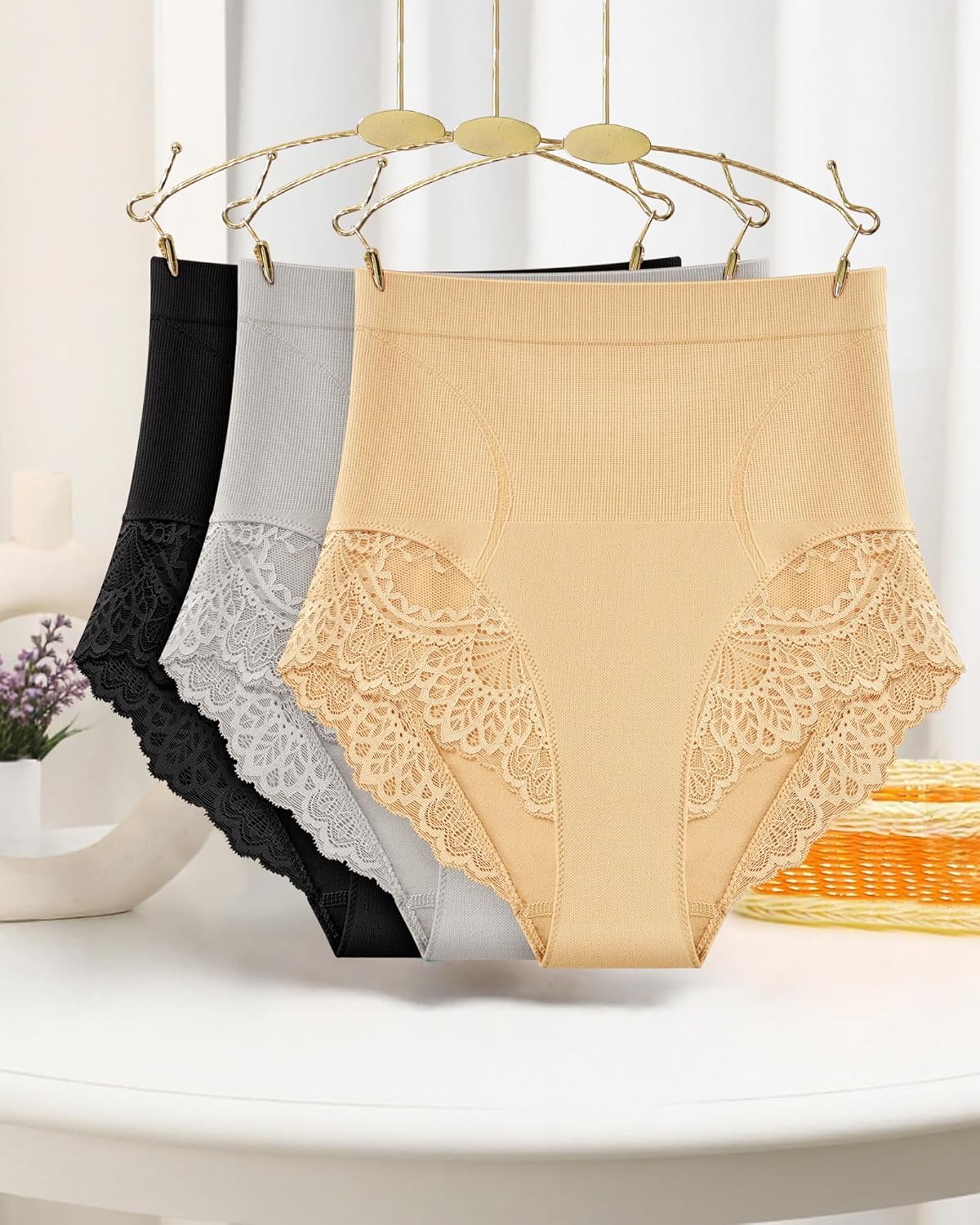 Women's Underwear High Waisted Light Tummy Control Lace Ladies Panties Full Coverage High-Cut Nylon 4 Pack S-XXL - Image 2