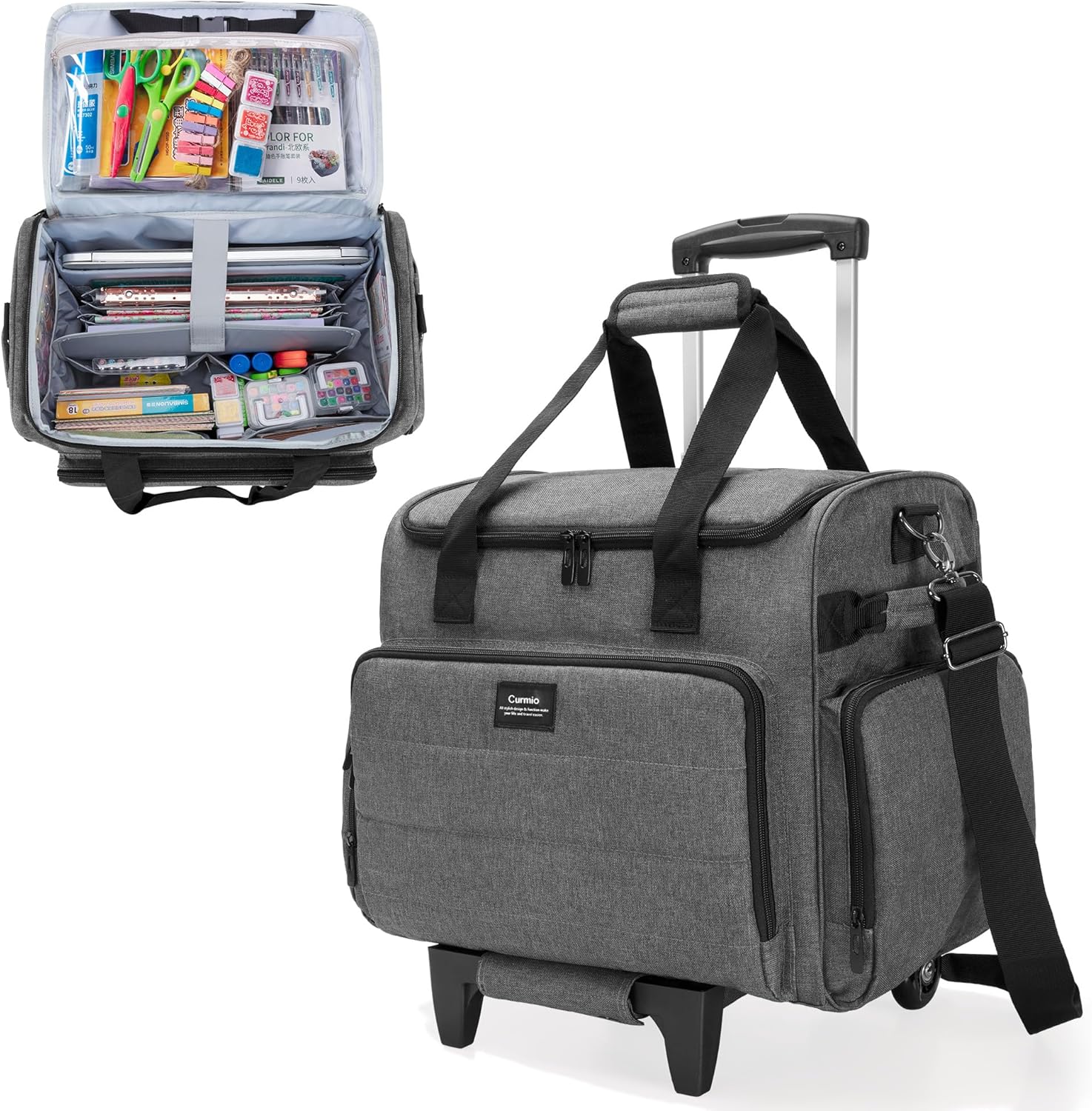 CURMIO Rolling Scrapbook Tote with Wheel, Craft Storage Bag with Expandable File Organizer for Scrapbook Supplies, Albums, Gray (Bag Only)