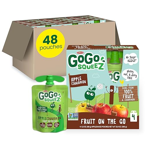 GoGo squeeZ Applesauce and Fruit Puree, Apple Cinnamon, 3.2 oz (Pack of 48), Unsweetened Fruit Snacks for Kids, Gluten Free, Nut Free and Dairy Free, BPA Free Pouches (Packaging May Vary) - Apple Cinnamon - 3.2 Ounce (Pack of 48)