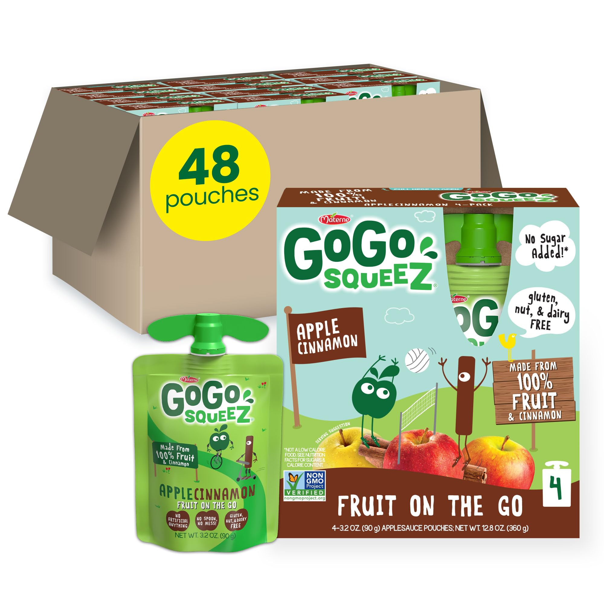 GoGo squeeZ Applesauce and Fruit Puree, Apple Cinnamon, 3.2 oz (Pack of 48), Unsweetened Fruit Snacks for Kids, Gluten Free, Nut Free and Dairy Free, BPA Free Pouches (Packaging May Vary)