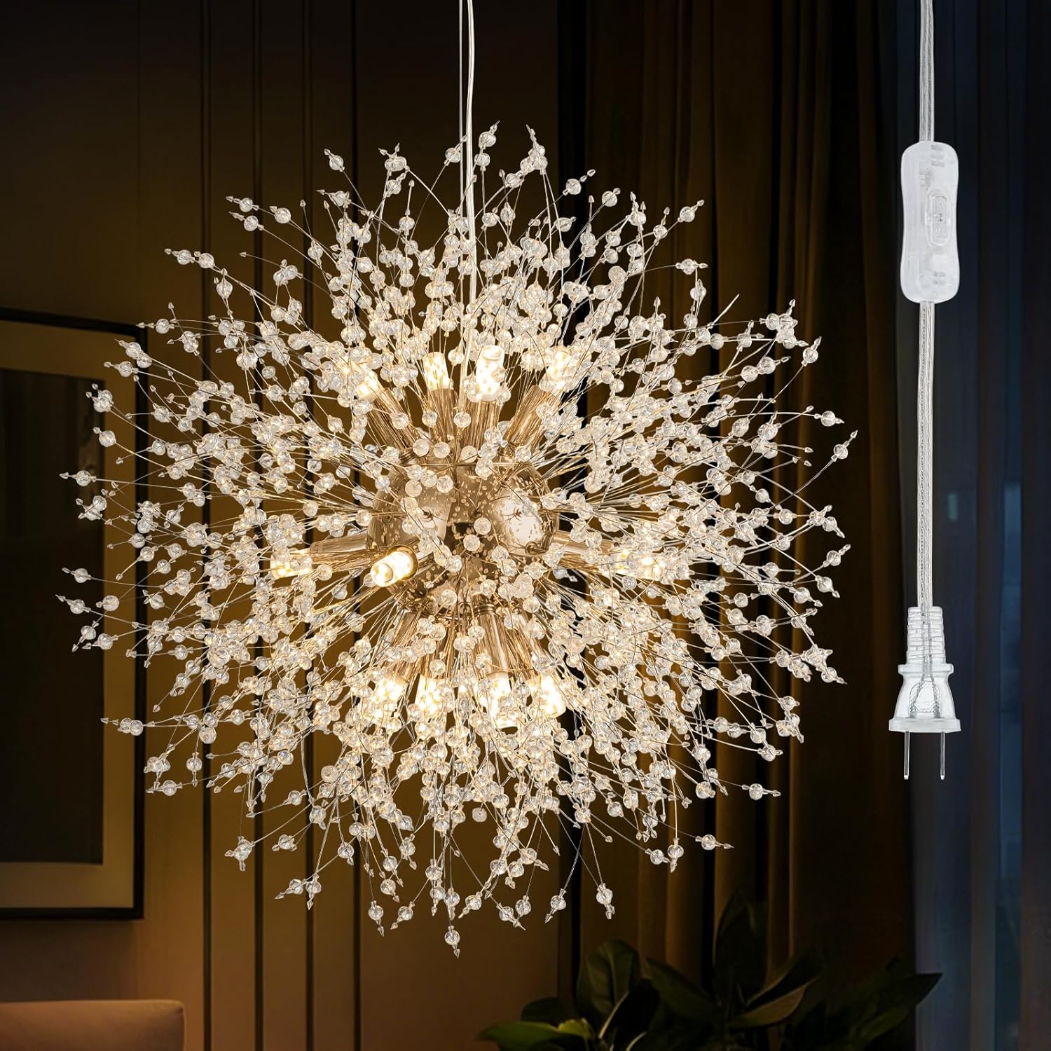 12-Light Plug in Crystal Chandeliers Semi Flush Mount Ceiling Light Modern Lighting Fixture for Foyer Entryway Bedroom Hallway Kitchen Bar Dining Room | Bulbs Not Included | Gold