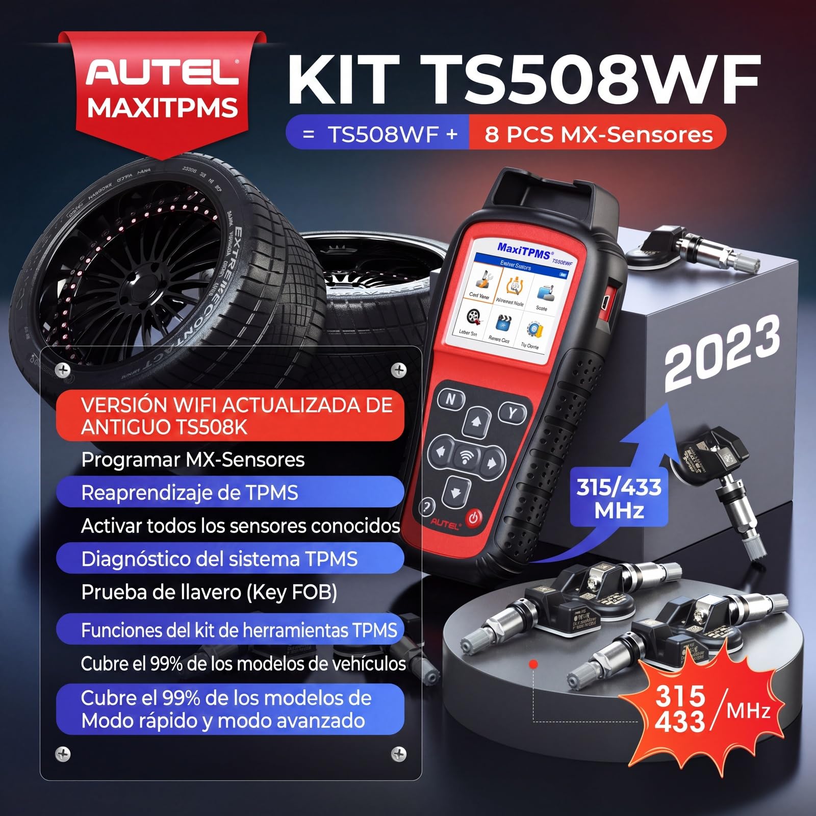 Autel MaxiTPMS TS508WF Herramienta de Programación TPMS, con 8PCS MX-Sensor(240€) WiFi Ver. TS508 TS501 Pro TS408S TS401 Herramienta de Reaprendizaje TPMS, Reiniciar/Reaprender/Activar Todos Sensores