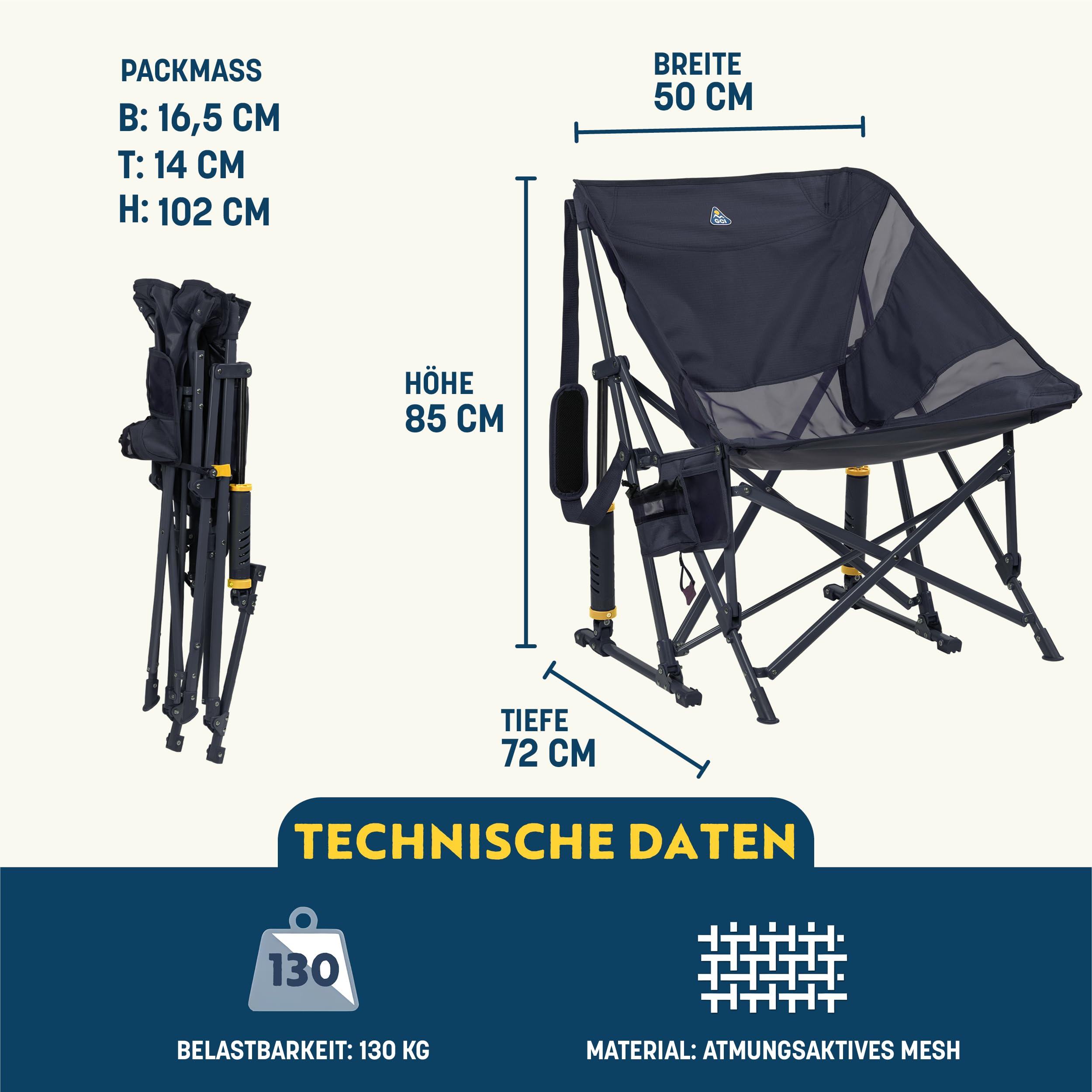 GCI Outdoor – Pod Rocker – Faltbarer Campingstuhl mit patentierter Schaukelfunktion – Relax-Sitzpositionmit breiter Sitzschale – bis 130 kg belastbar – Klappbar, Getränke- & Handyhalter – Charcoal