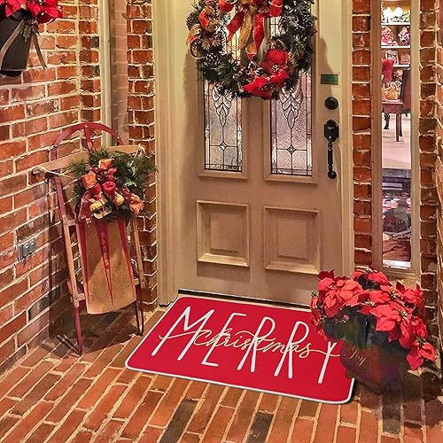 Miniatura 2 de ONWAY Felpudo de Navidad, tapete de invierno rojo dorado para puerta de invierno, de bajo perfil, tapete para interiores y exteriores, 17.5 x 29