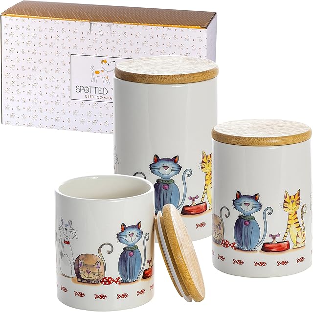 SPOTTED DOG GIFT COMPANY Canister Set for the Kitchen, 3 Ceramic Storage Jars Airtight with Lids for Tea Coffee Sugar Animal Cat Themed Gifts for Cat Lovers