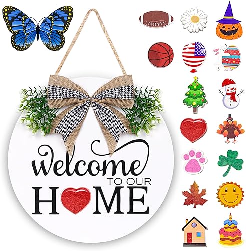 Letrero de bienvenida intercambiable para puerta delantera, coronas de bienvenida de madera maciza con 16 iconos de vacaciones de temporada,