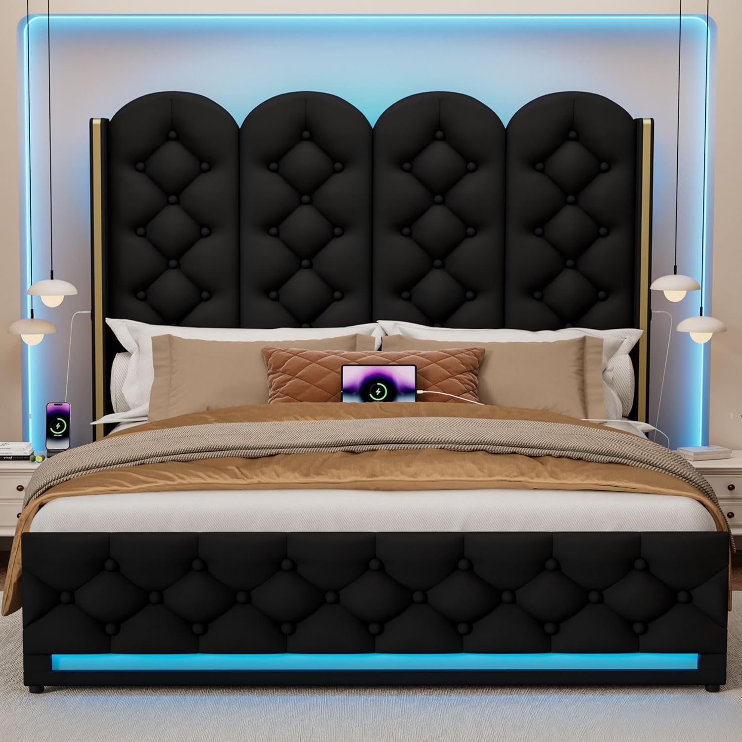 Full Size Storage Bed with 58" Tall Button Tufted Headboard, Velvet Upholstered Wingback Platform Lift Up Bed Frame with 10" Under-Bed Space, No Box Spring Needed/Easy Assembly/Noise Free, Black