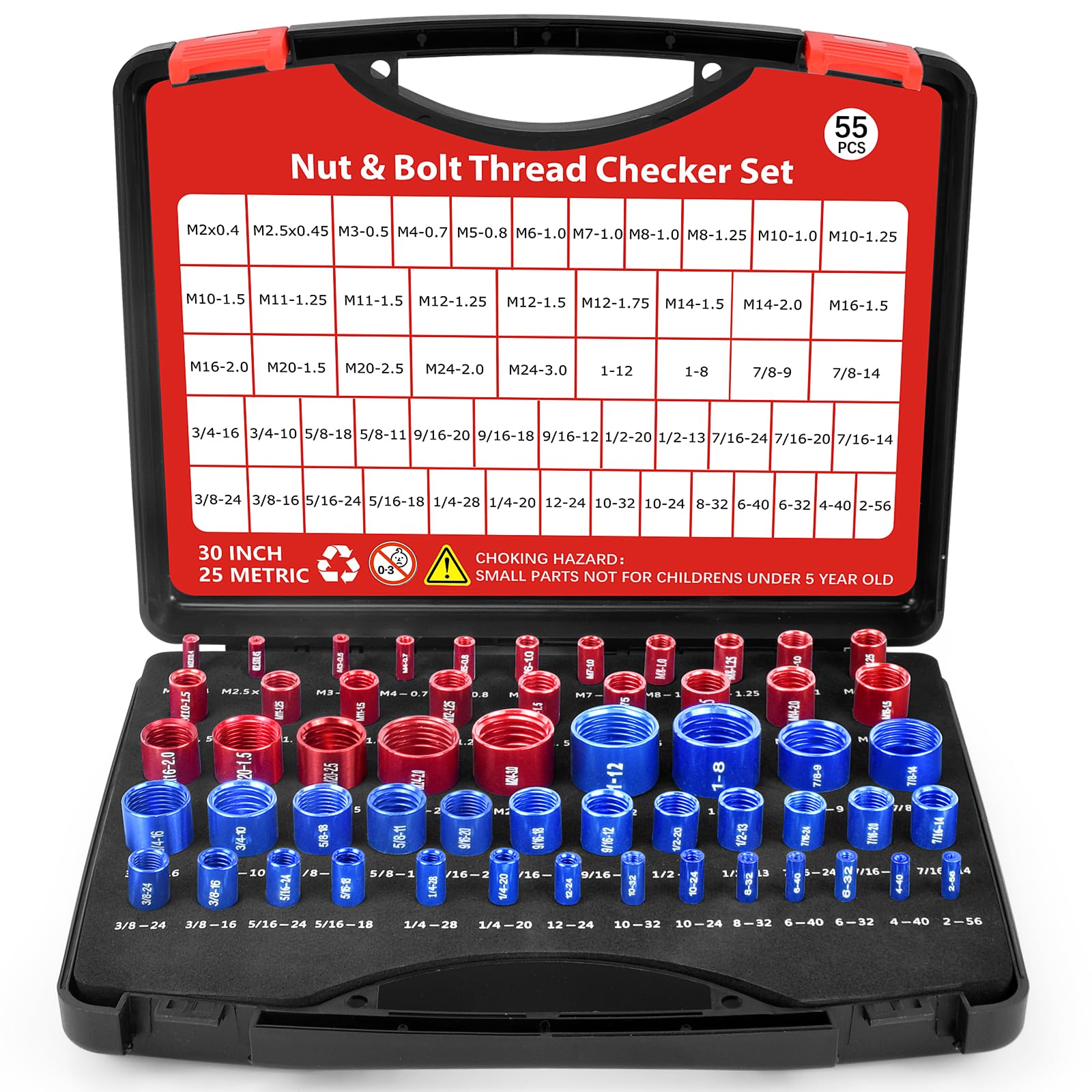 55 Pcs Thread Checker, Nut and Bolt Thread Checker Set with 30 Inch and 25 Metric Box Set Thread Gauge for Standard and Metric Sizes Perfect for Tight