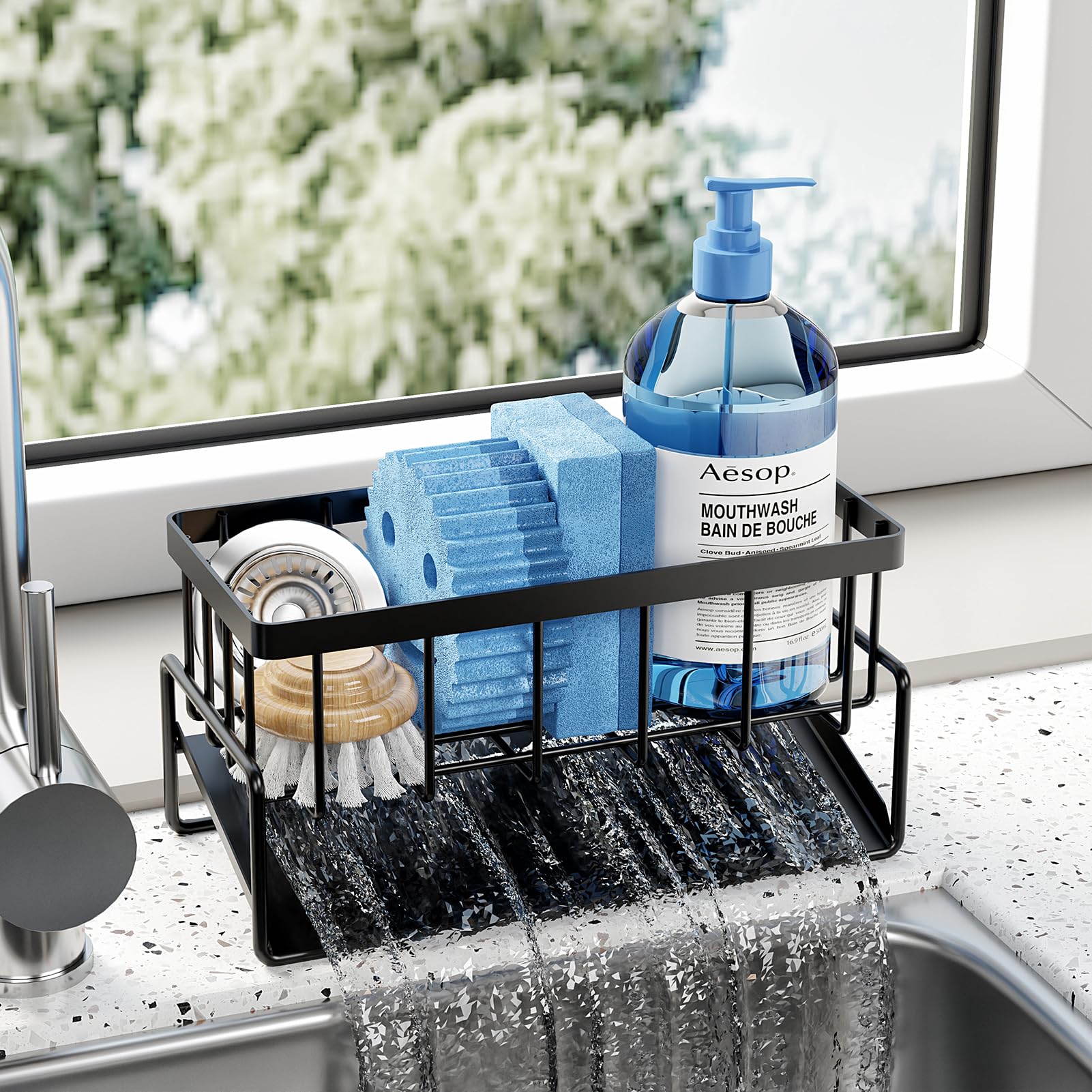 HAYOLPORS Sponge Holder for Kitchen Sink - Rustproof Sink Caddy with Brush Holder, Self-Drainage Kitchen Organizers and Storage Dish Soap Dispenser Home Essentials Organization Accessories, Black